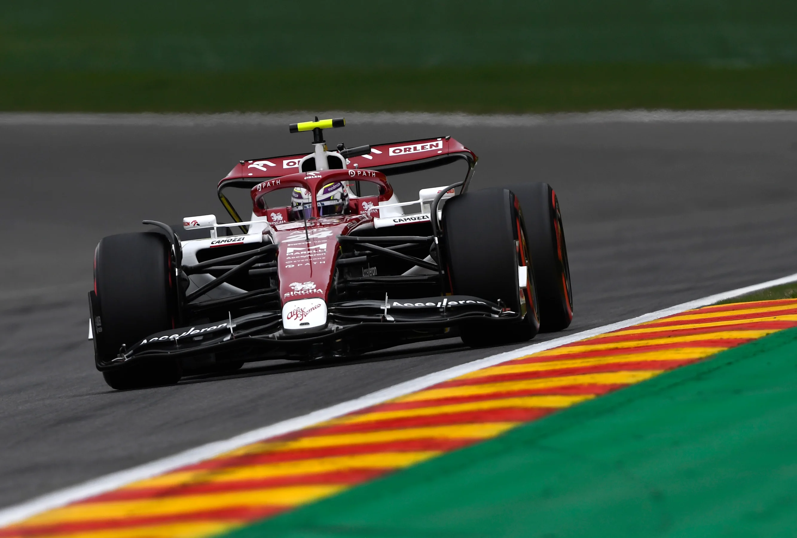 SPA, BELGIUM - AUGUST 27: Zhou Guanyu of China driving the (24) Alfa Romeo F1 C42 Ferrari on track