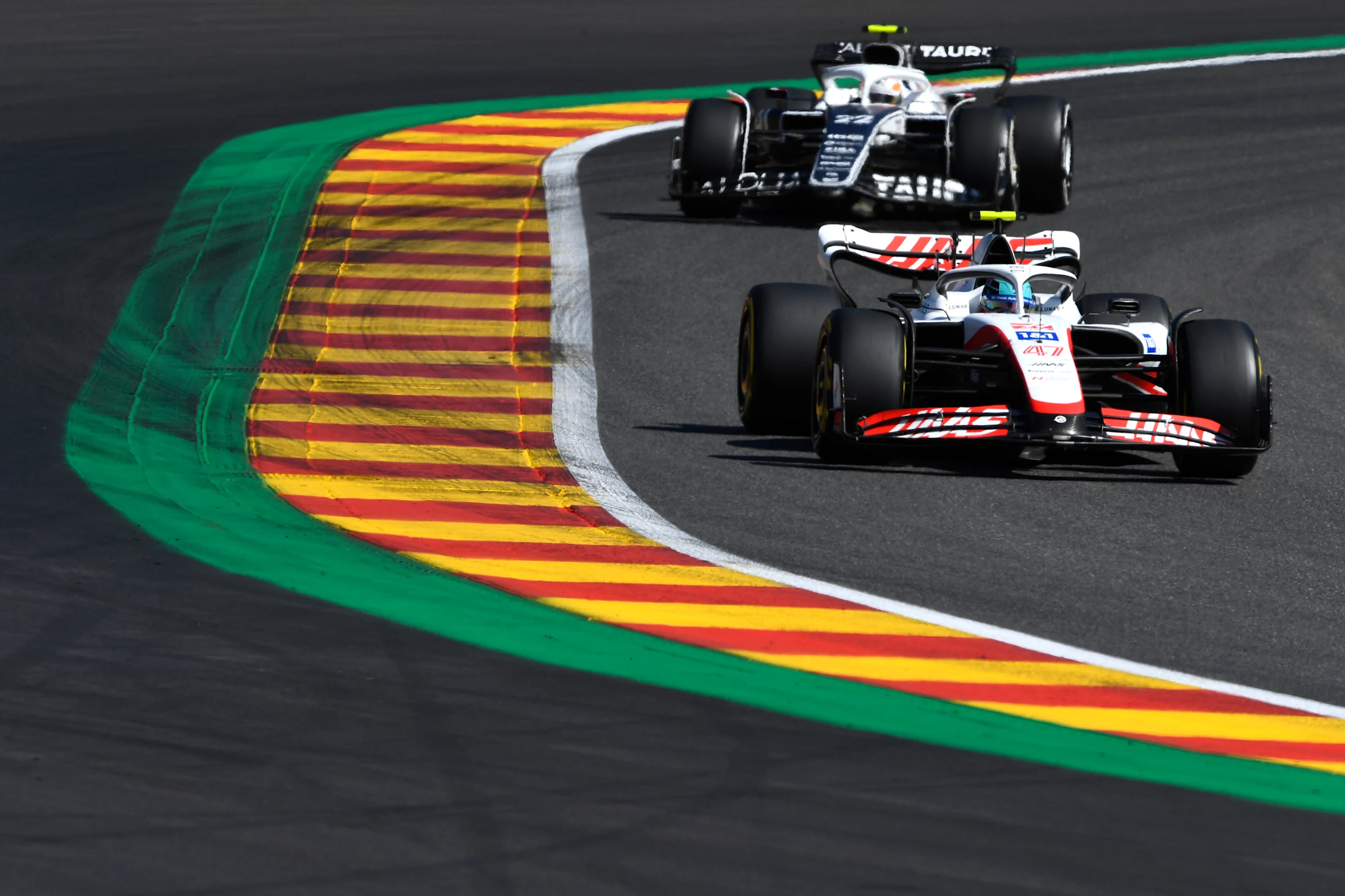 SPA, BELGIUM - AUGUST 28: Mick Schumacher of Germany driving the (47) Haas F1 VF-22 Ferrari leads