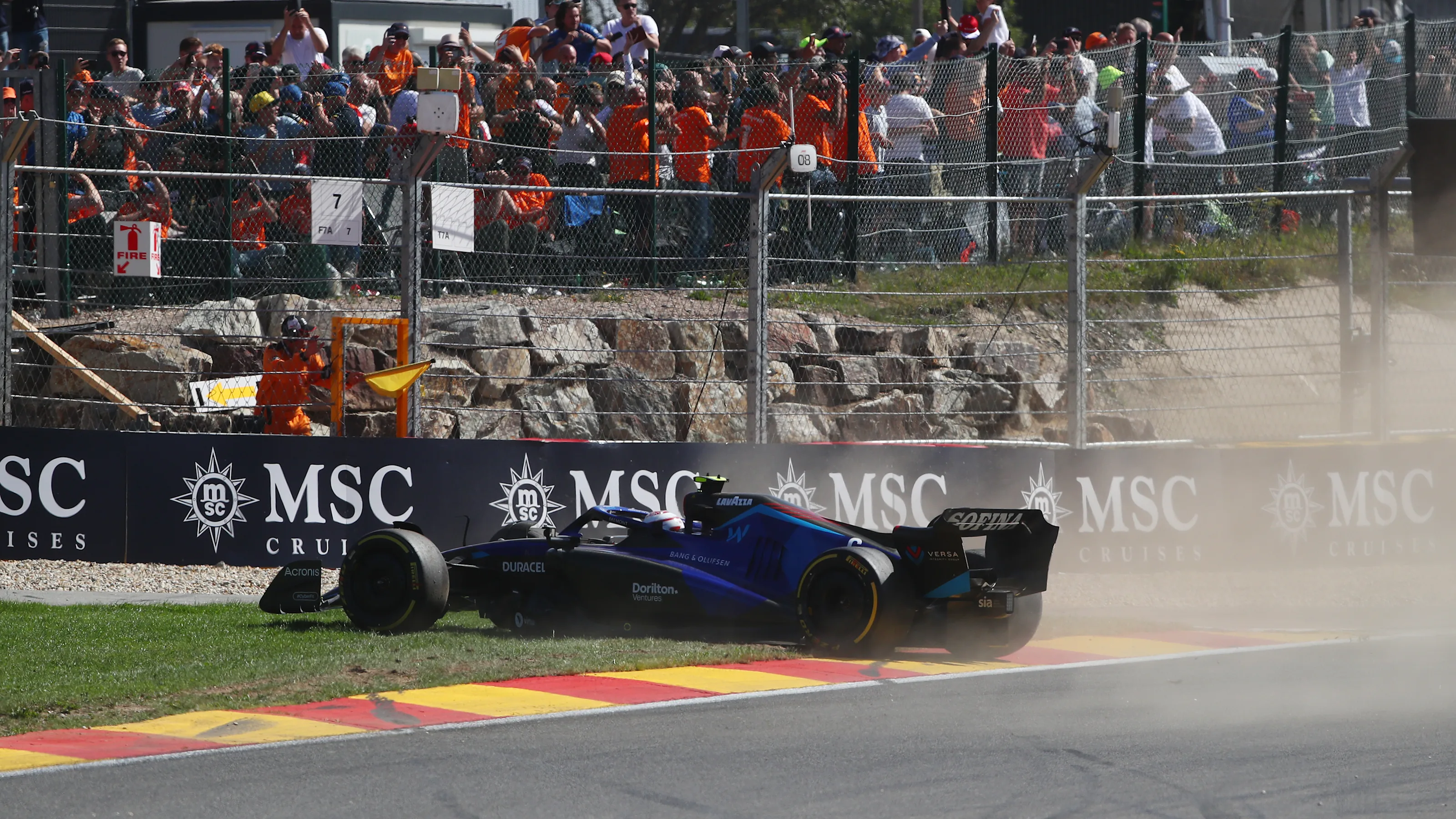 SPA, BELGIUM - AUGUST 28: Nicholas Latifi of Canada driving the (6) Williams FW44 Mercedes spins