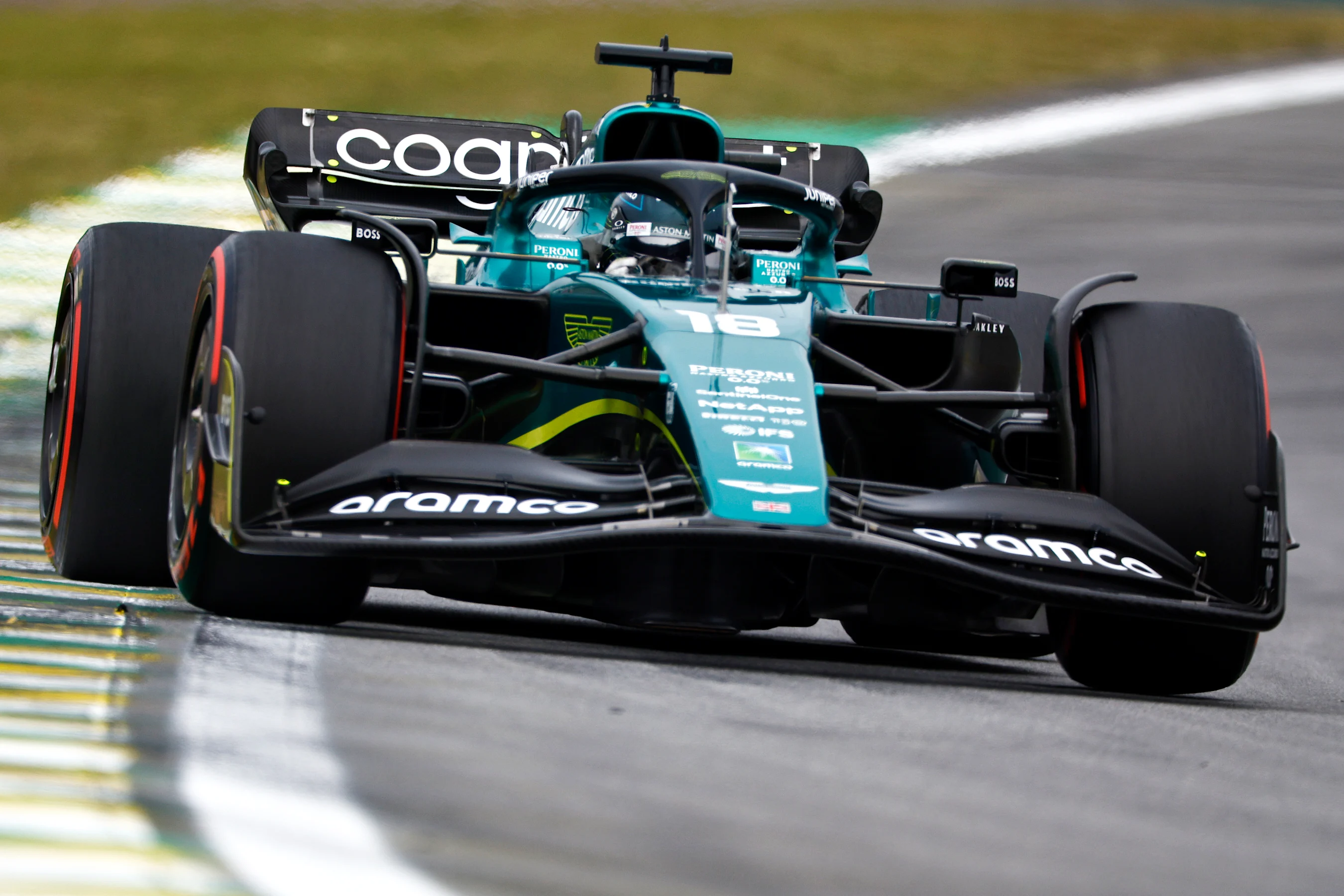 SAO PAULO, BRAZIL - NOVEMBER 11: Lance Stroll of Canada driving the (18) Aston Martin AMR22