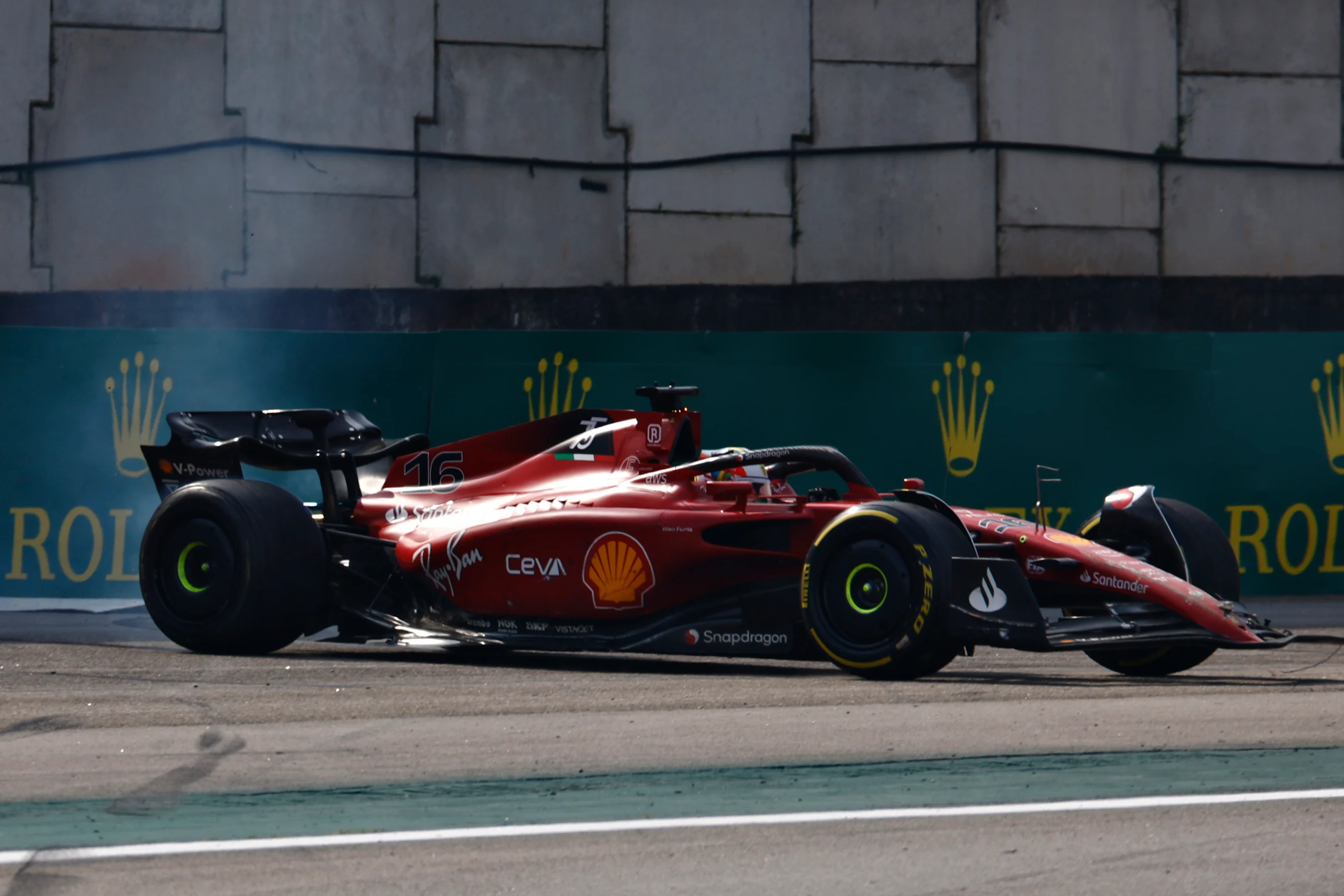 SAO PAULO, BRAZIL - NOVEMBER 13: Charles Leclerc of Monaco driving the (16) Ferrari F1-75 spins