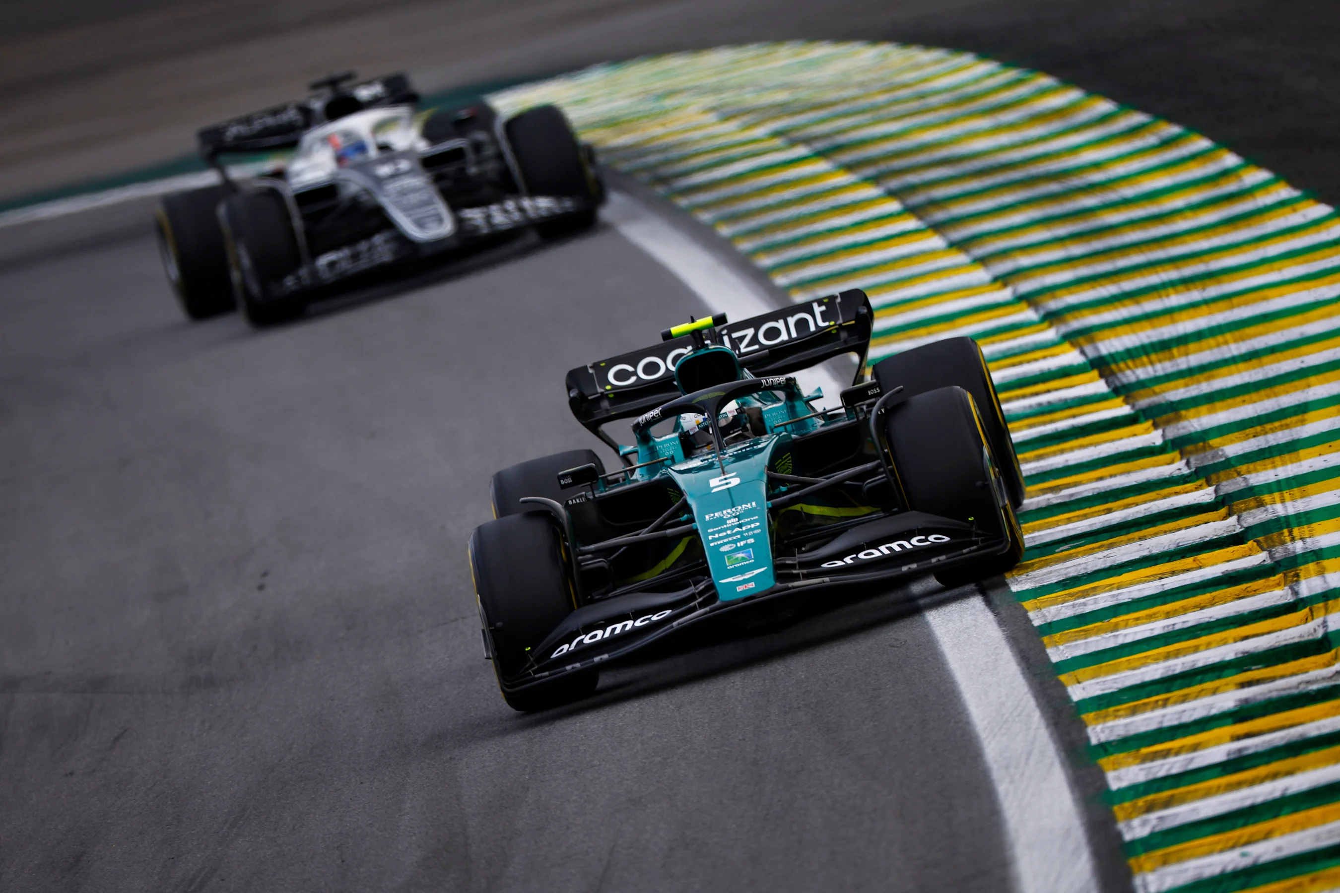 SAO PAULO, BRAZIL - NOVEMBER 13: Sebastian Vettel of Germany driving the (5) Aston Martin AMR22