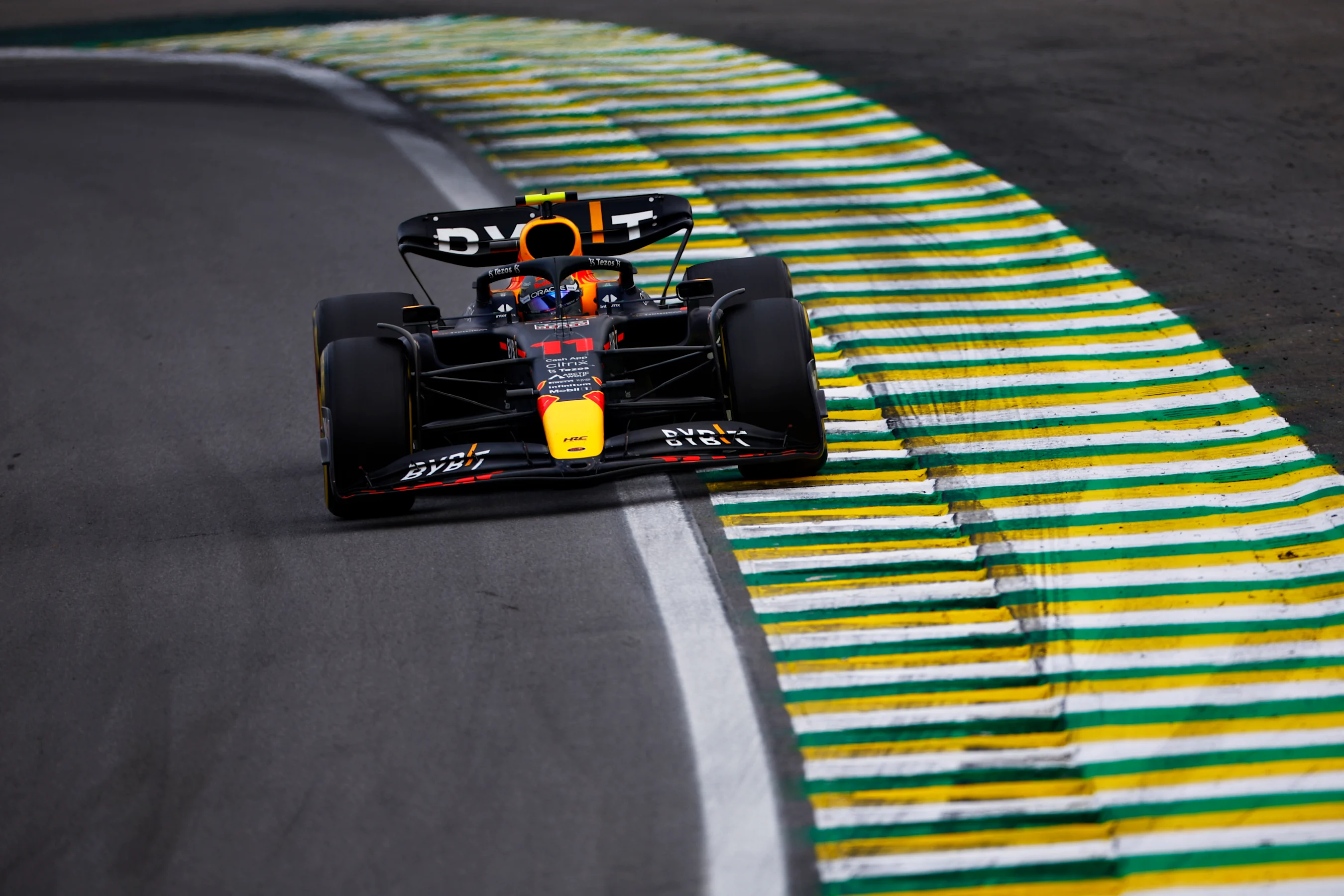 SAO PAULO, BRAZIL - NOVEMBER 13: Sergio Perez of Mexico driving the (11) Oracle Red Bull Racing