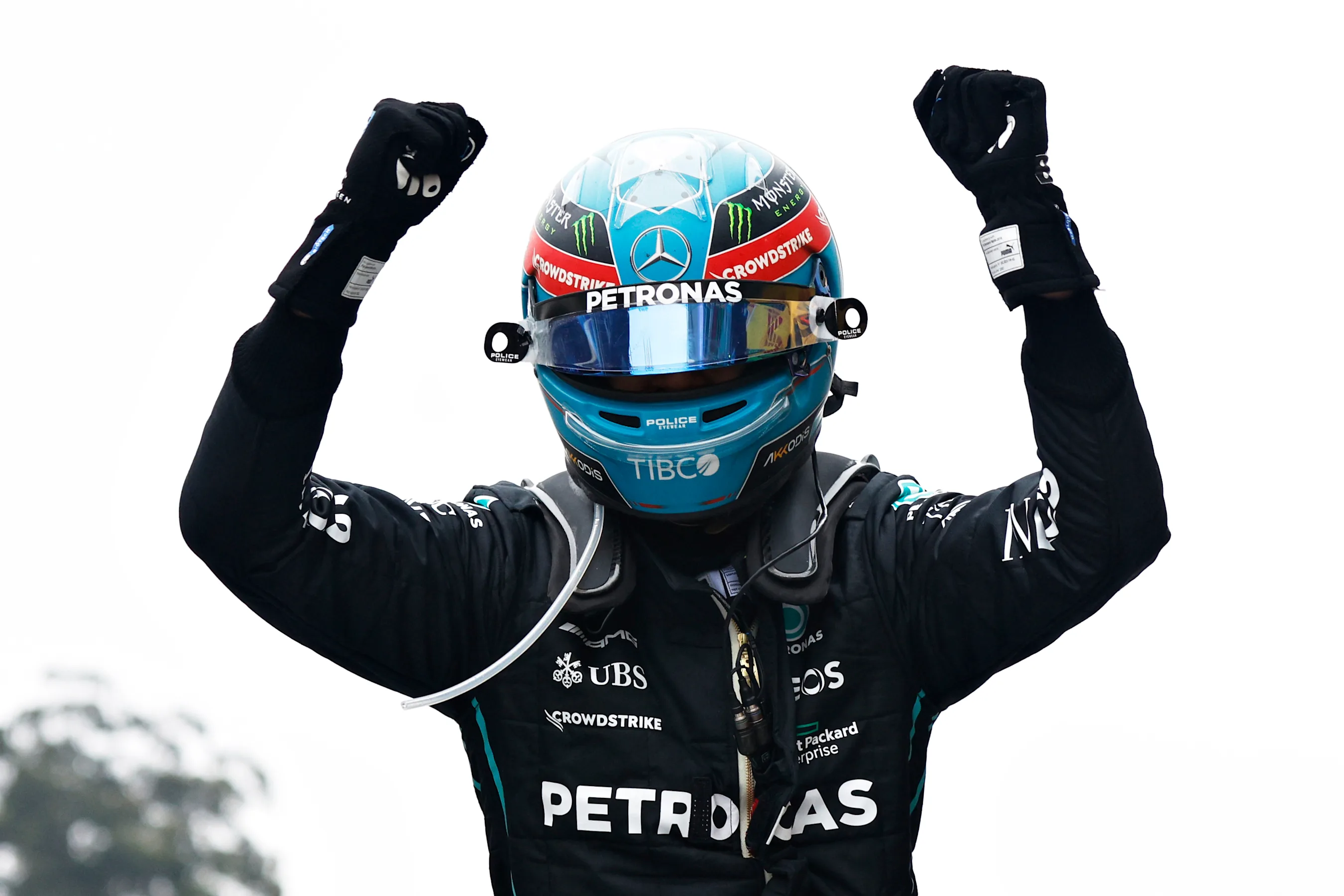 SAO PAULO, BRAZIL - NOVEMBER 13: Race winner George Russell of Great Britain and Mercedes