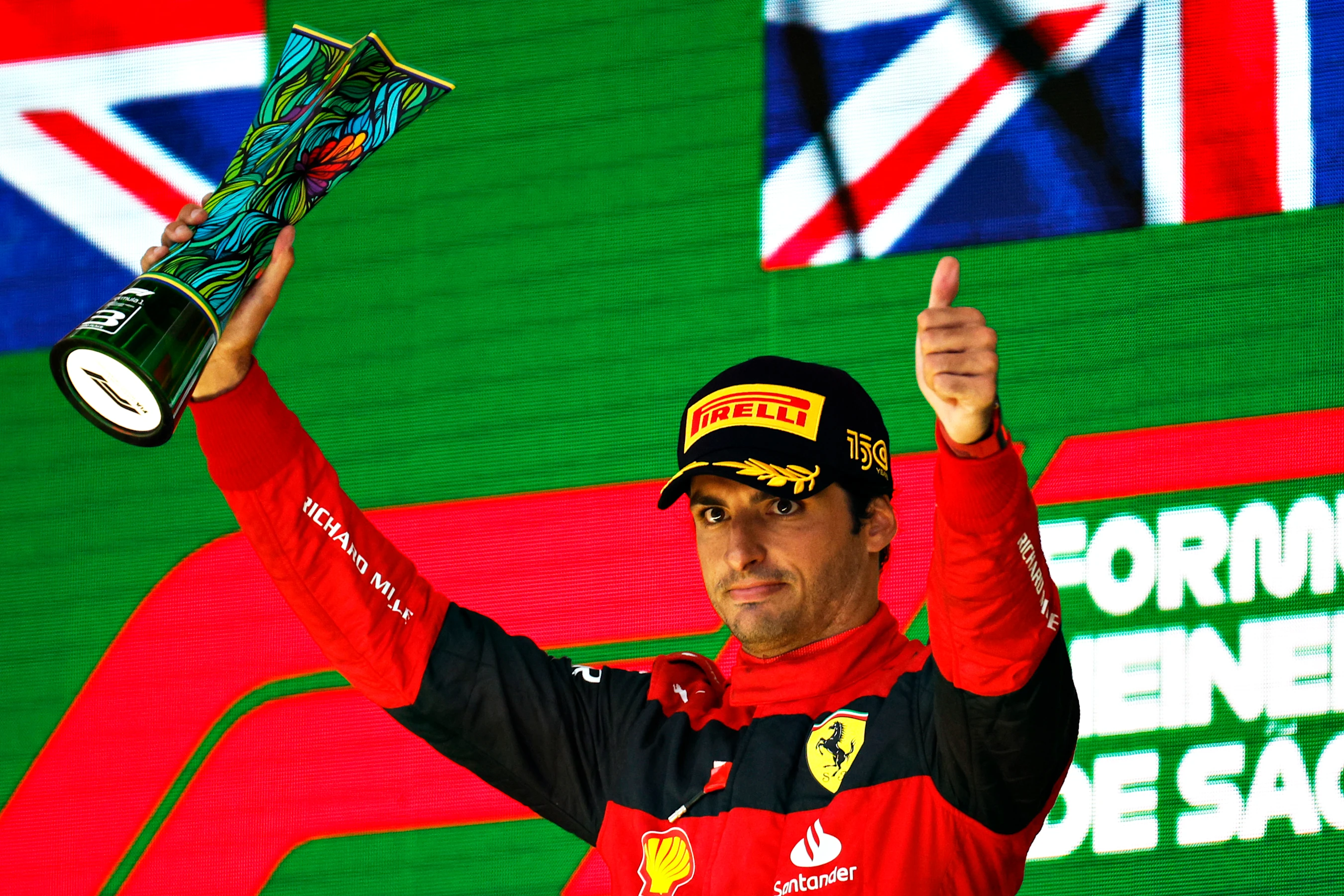 SAO PAULO, BRAZIL - NOVEMBER 13: Third placed Carlos Sainz of Spain and Ferrari celebrates on the