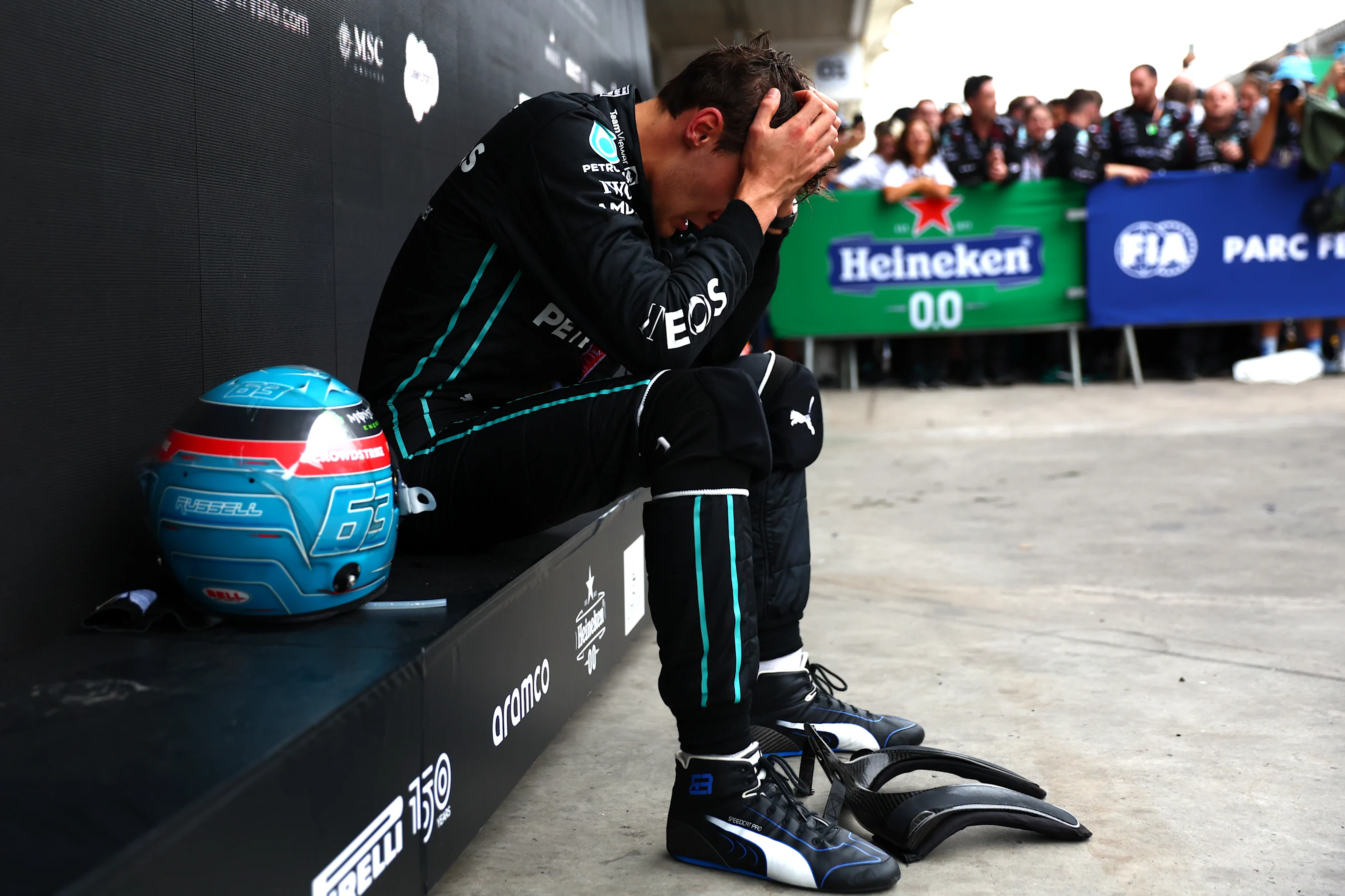 SAO PAULO, BRAZIL - NOVEMBER 13: Race winner George Russell of Great Britain and Mercedes reacts in