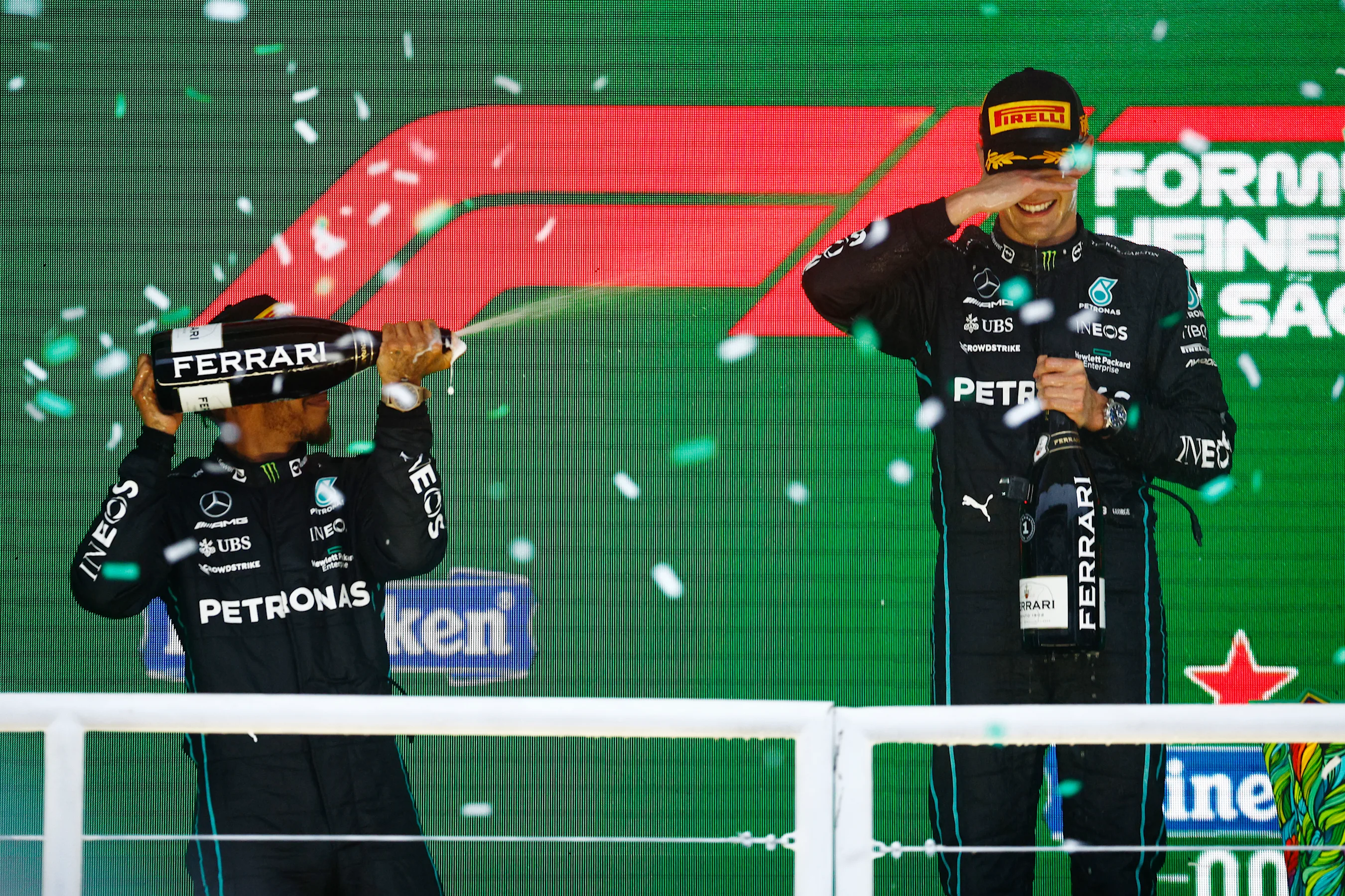 SAO PAULO, BRAZIL - NOVEMBER 13: Race winner George Russell of Great Britain and Mercedes and