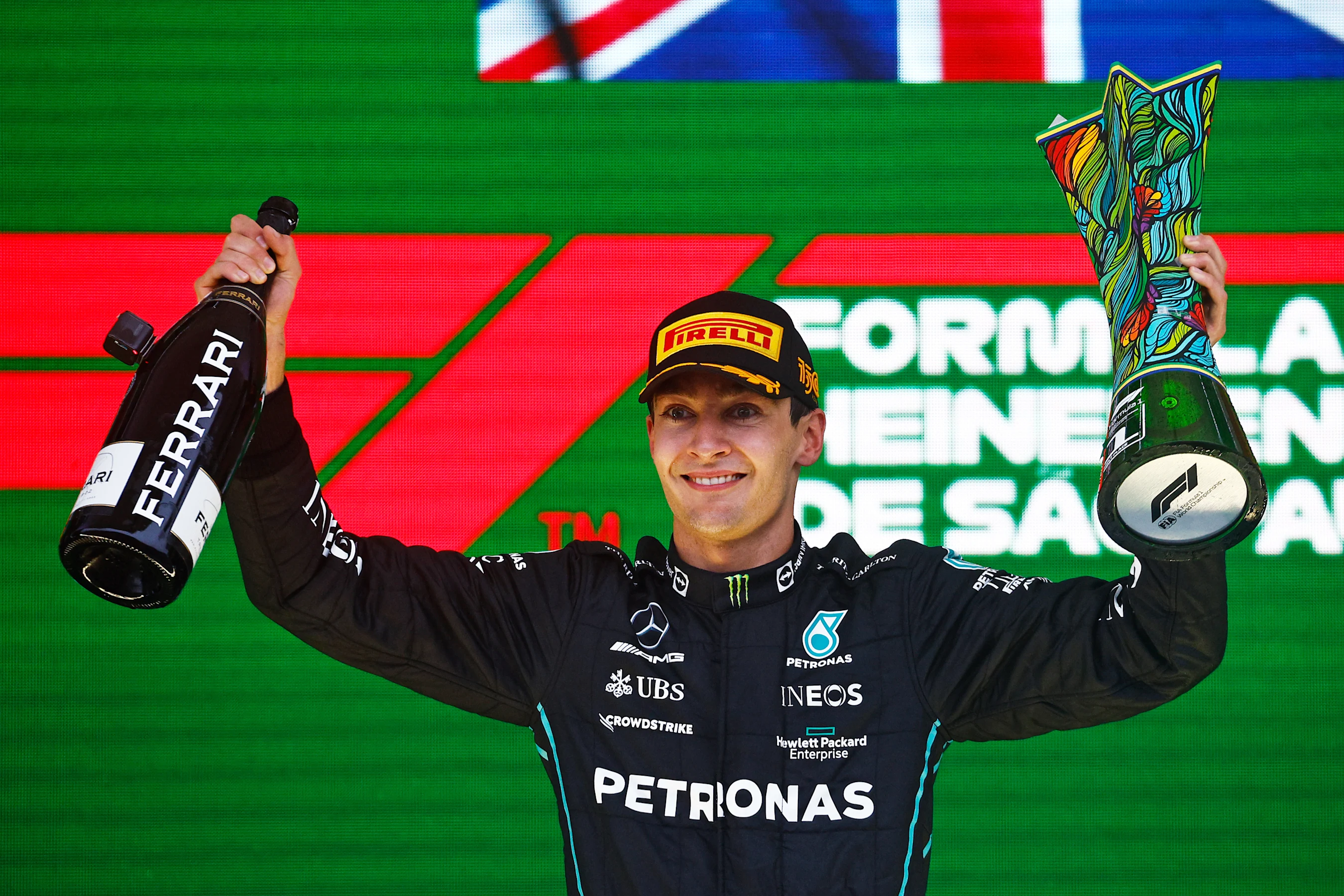 SAO PAULO, BRAZIL - NOVEMBER 13: Race winner George Russell of Great Britain and Mercedes