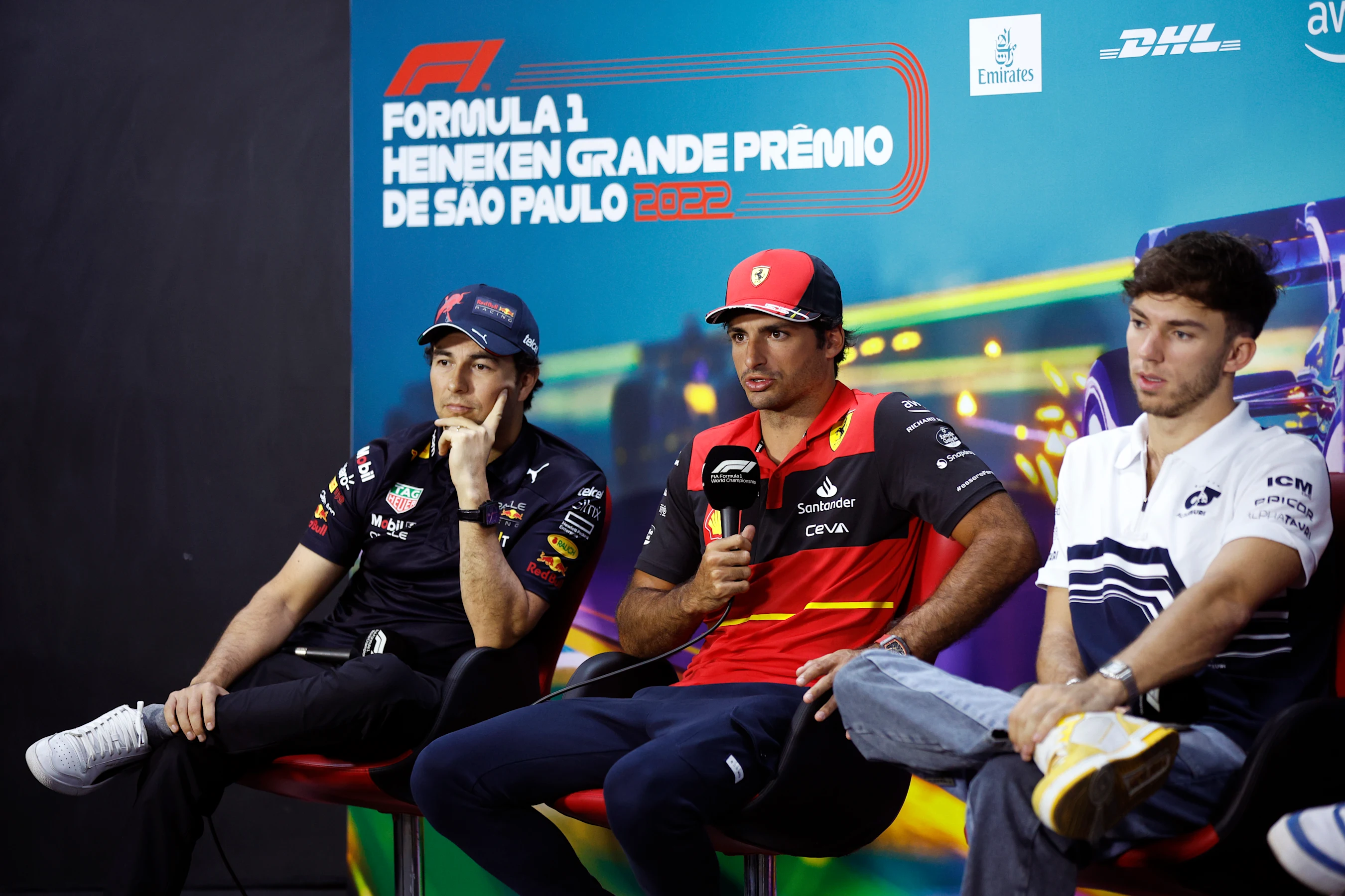 SAO PAULO, BRAZIL - NOVEMBER 10: Sergio Perez of Mexico and Oracle Red Bull Racing, Carlos Sainz of
