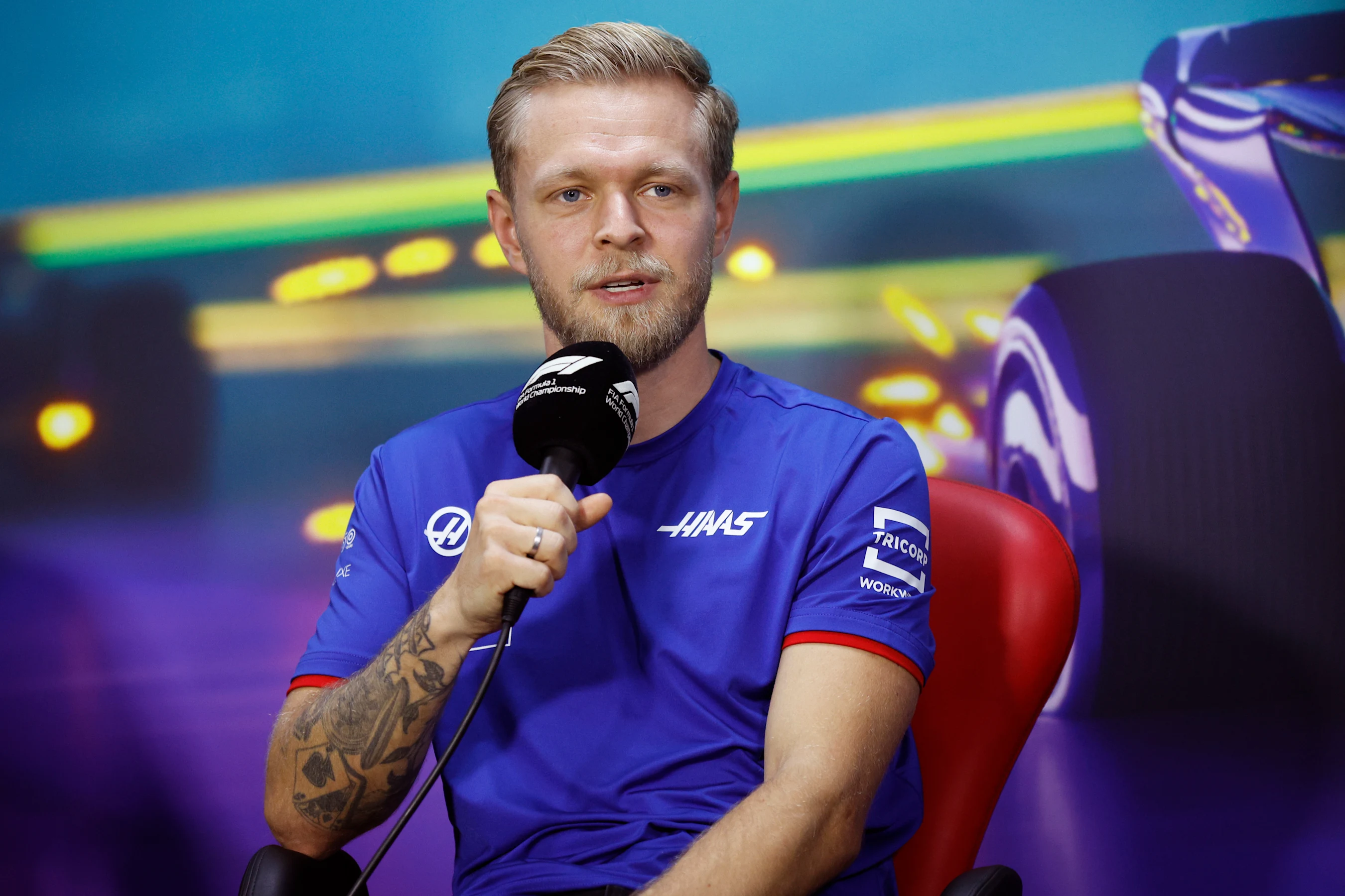 SAO PAULO, BRAZIL - NOVEMBER 10: Kevin Magnussen of Denmark and Haas F1 attends the Drivers Press