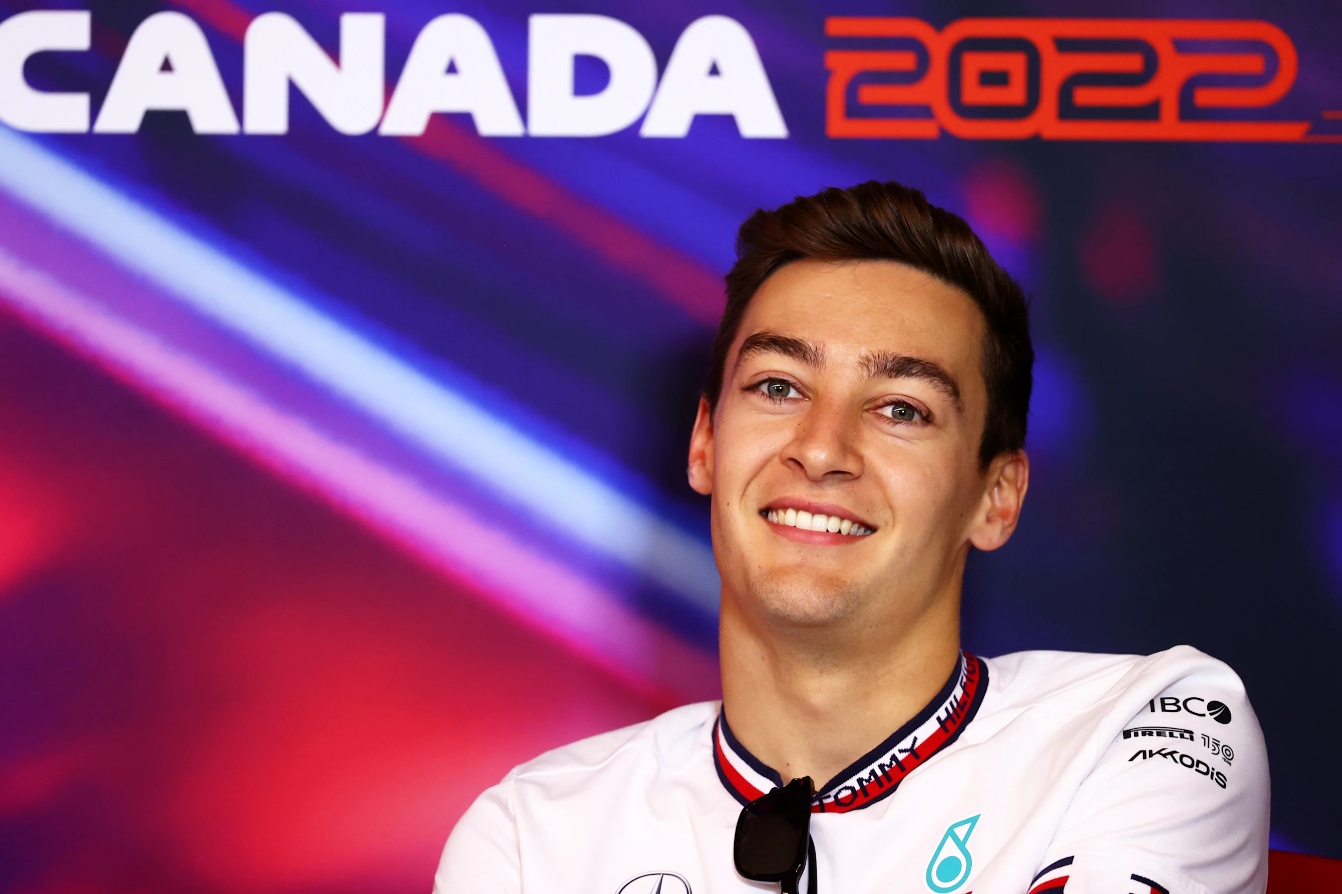 MONTREAL, QUEBEC - JUNE 17: George Russell of Great Britain and Mercedes looks on in the Drivers