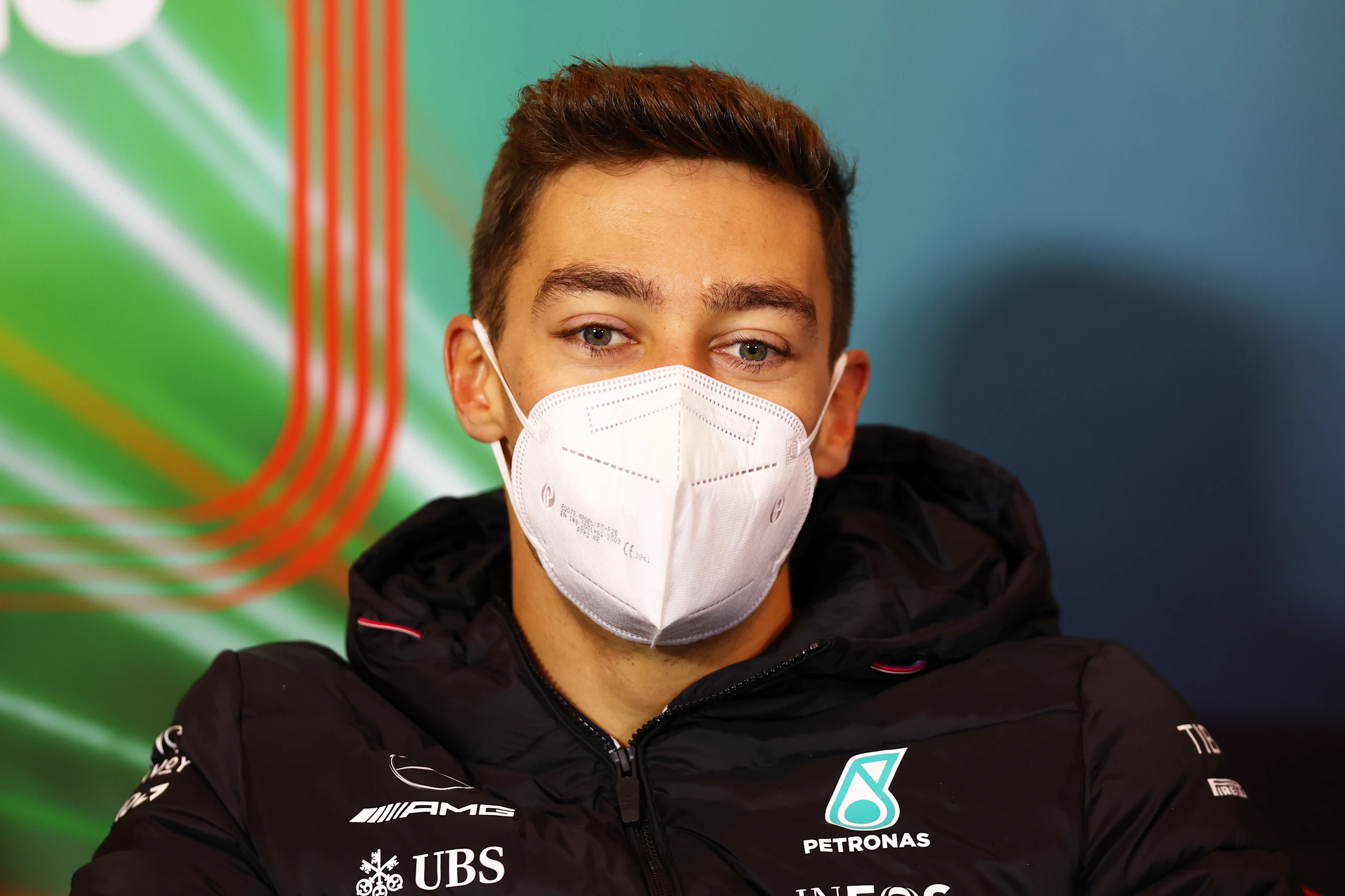 IMOLA, ITALY - APRIL 22: George Russell of Great Britain and Mercedes talks in the Drivers Press