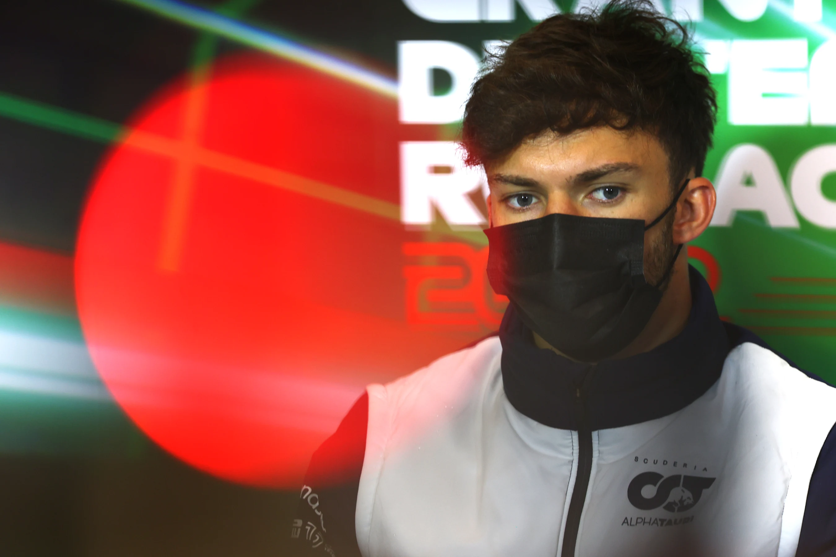 IMOLA, ITALY - APRIL 22: Pierre Gasly of France and Scuderia AlphaTauri talks in the Drivers Press