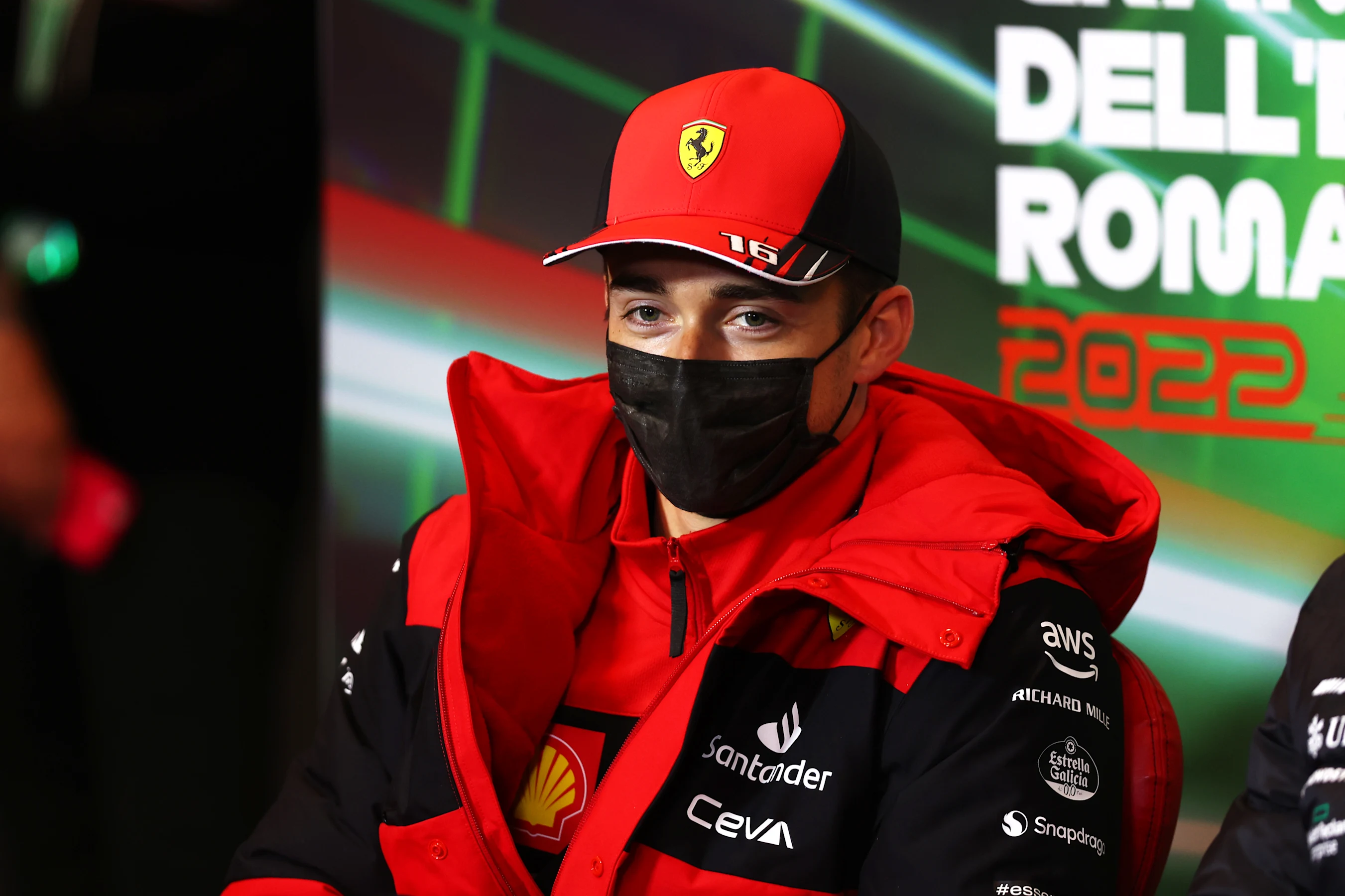 IMOLA, ITALY - APRIL 22: Charles Leclerc of Monaco and Ferrari talks in the Drivers Press