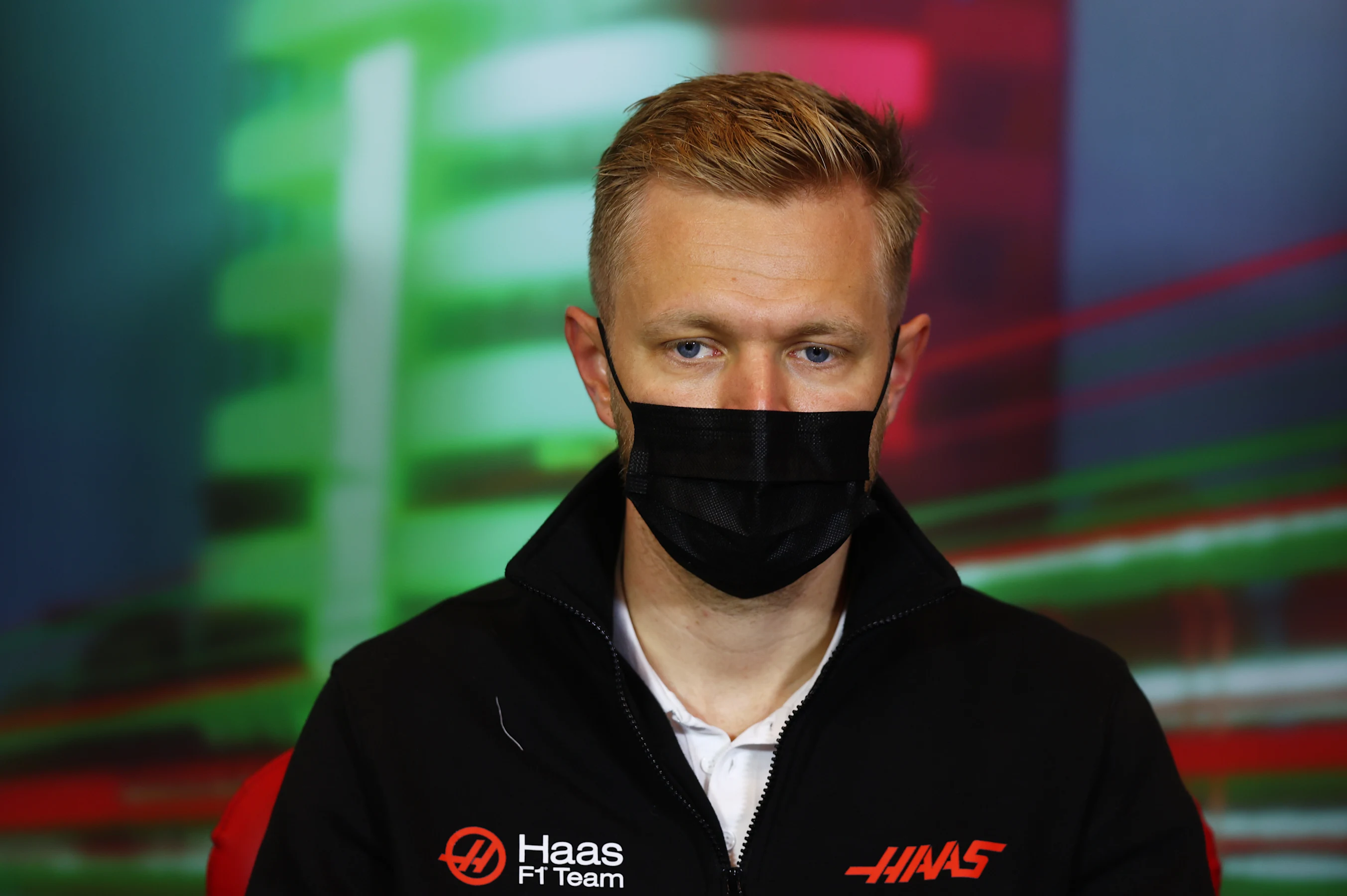 IMOLA, ITALY - APRIL 22: Kevin Magnussen of Denmark and Haas F1 talks in the Drivers Press