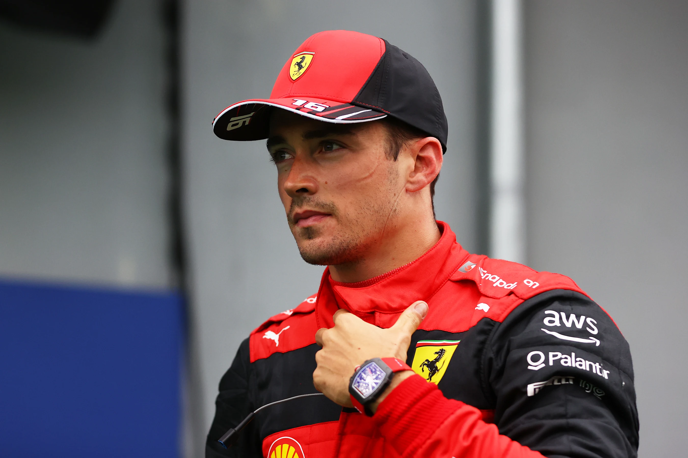 IMOLA, ITALY - APRIL 22: Second placed qualifier Charles Leclerc of Monaco and Ferrari looks on in