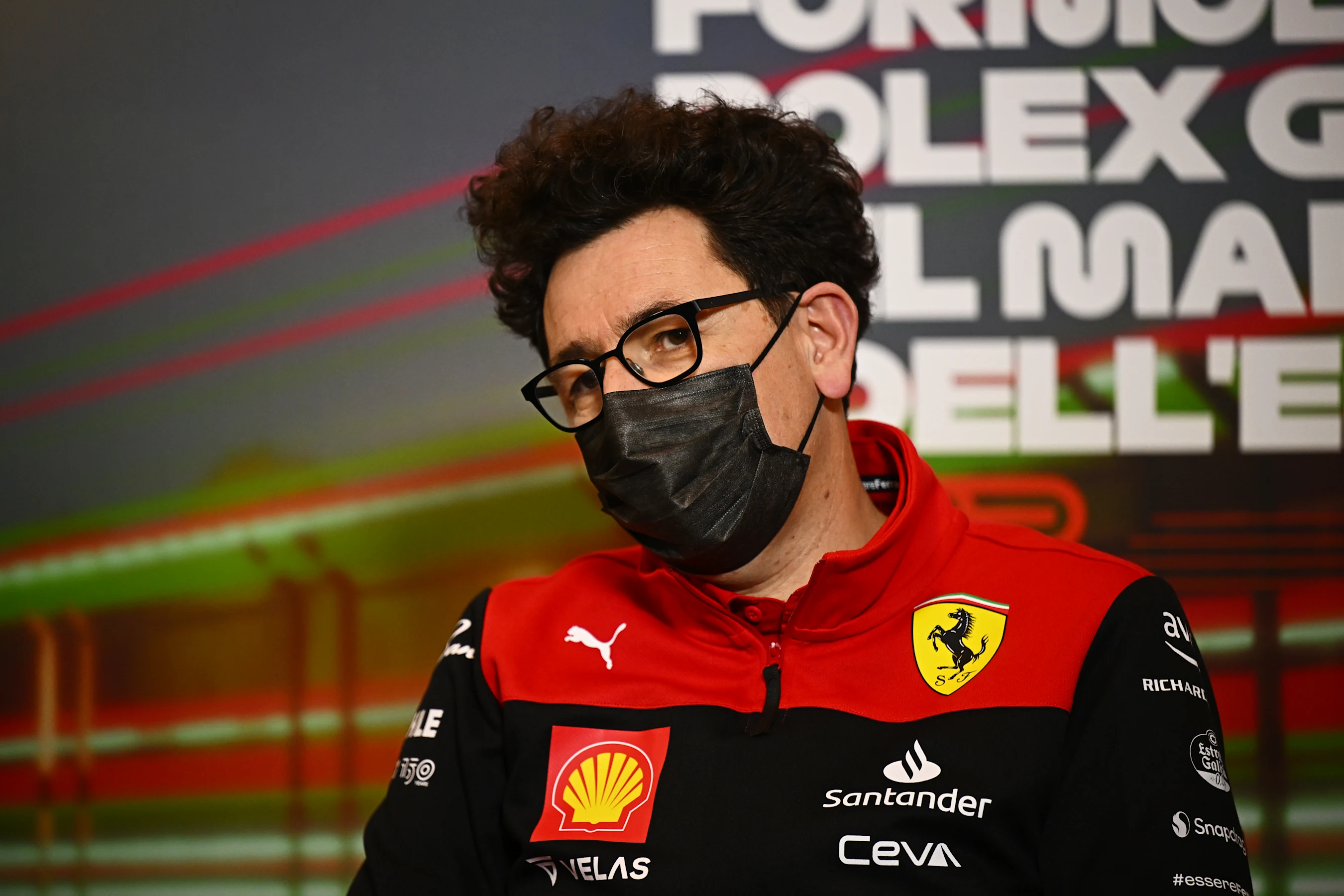 IMOLA, ITALY - APRIL 23: Scuderia Ferrari Team Principal Mattia Binotto talks in the Team