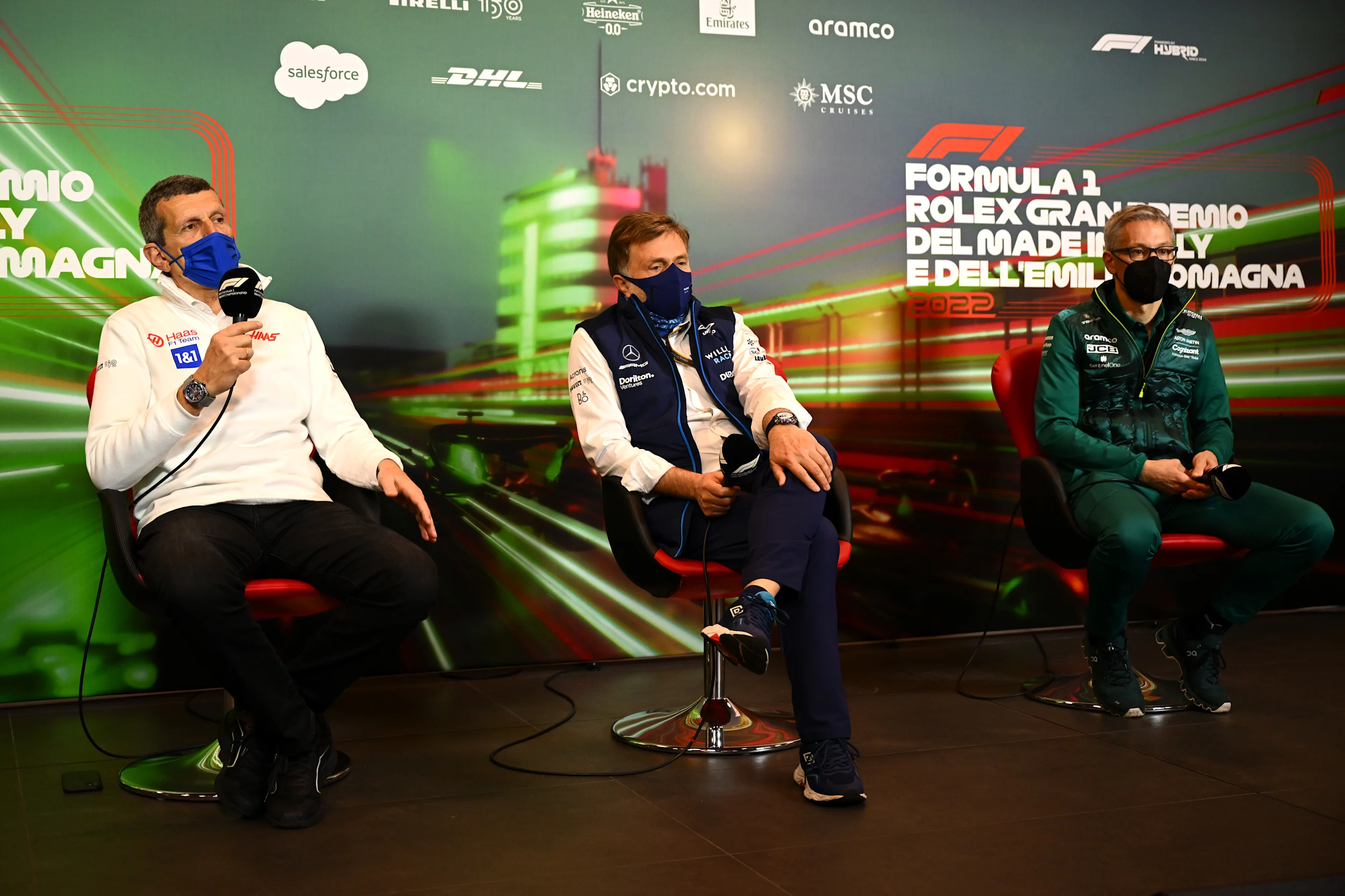 IMOLA, ITALY - APRIL 23: (L-R) Haas F1 Team Principal Guenther Steiner, Jost Capito, CEO of
