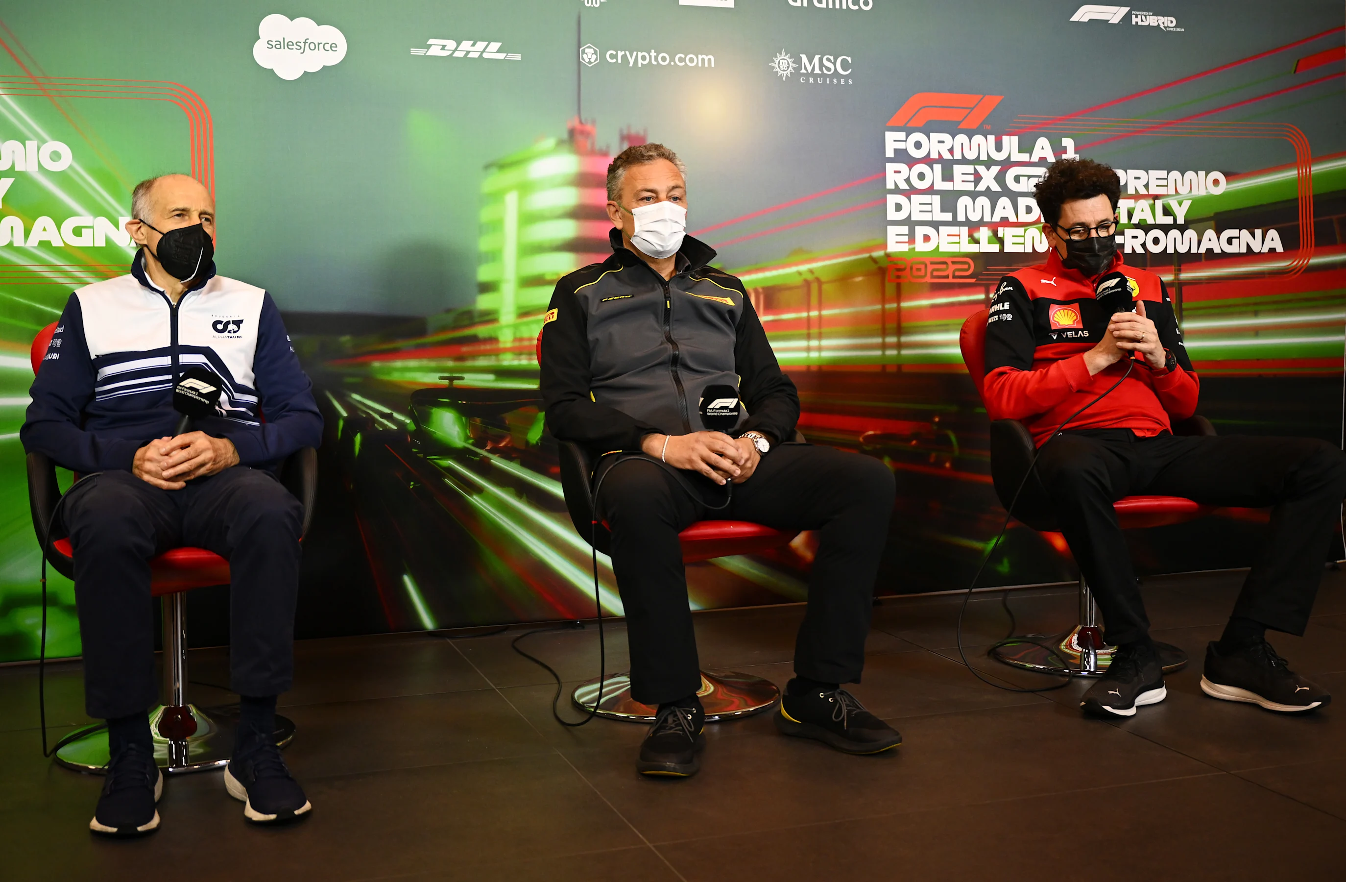 IMOLA, ITALY - APRIL 23: (L-R) Scuderia AlphaTauri Team Principal Franz Tost, Director of Pirelli