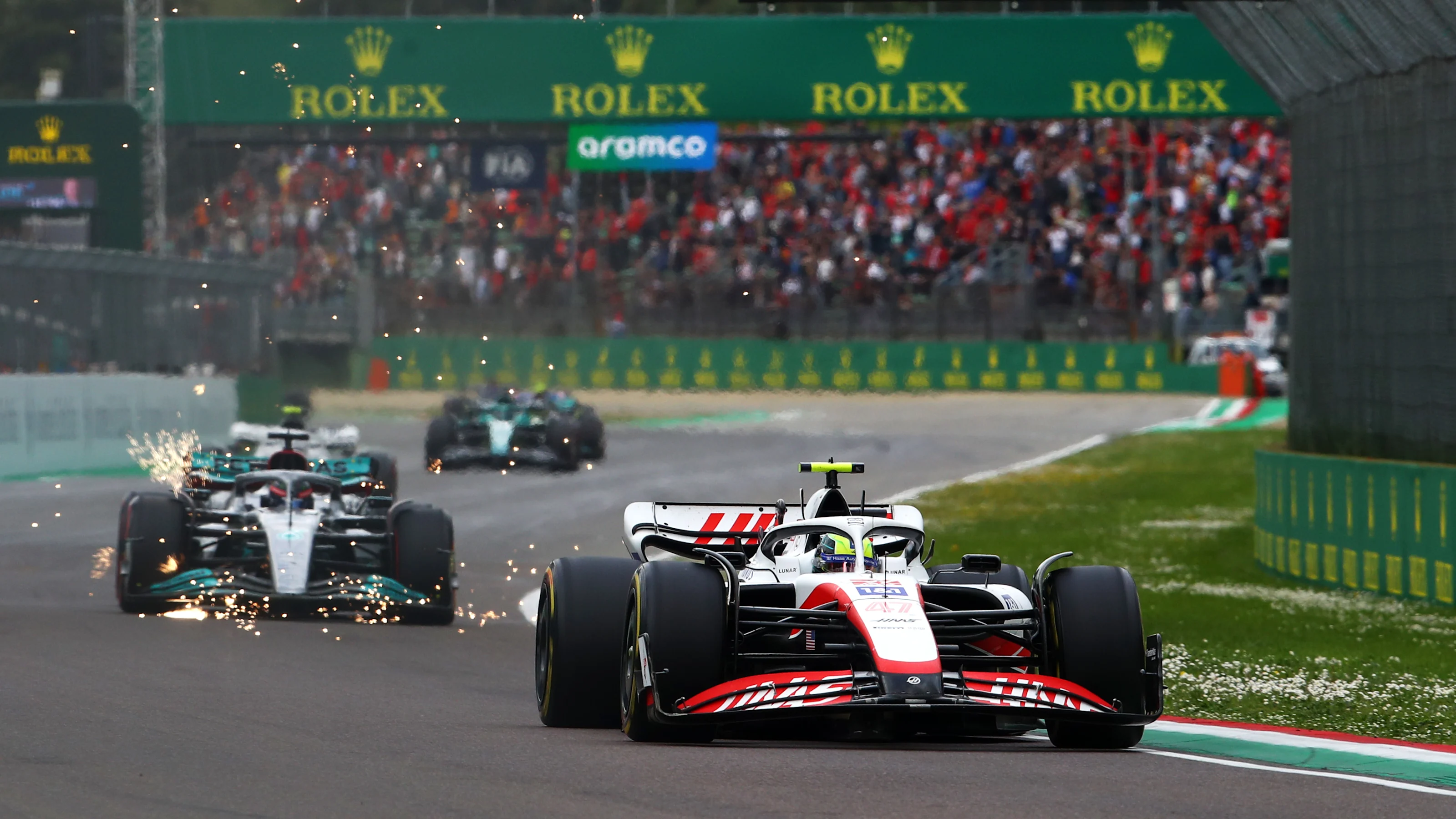 IMOLA, ITALY - APRIL 23: Mick Schumacher of Germany driving the (47) Haas F1 VF-22 Ferrari leads