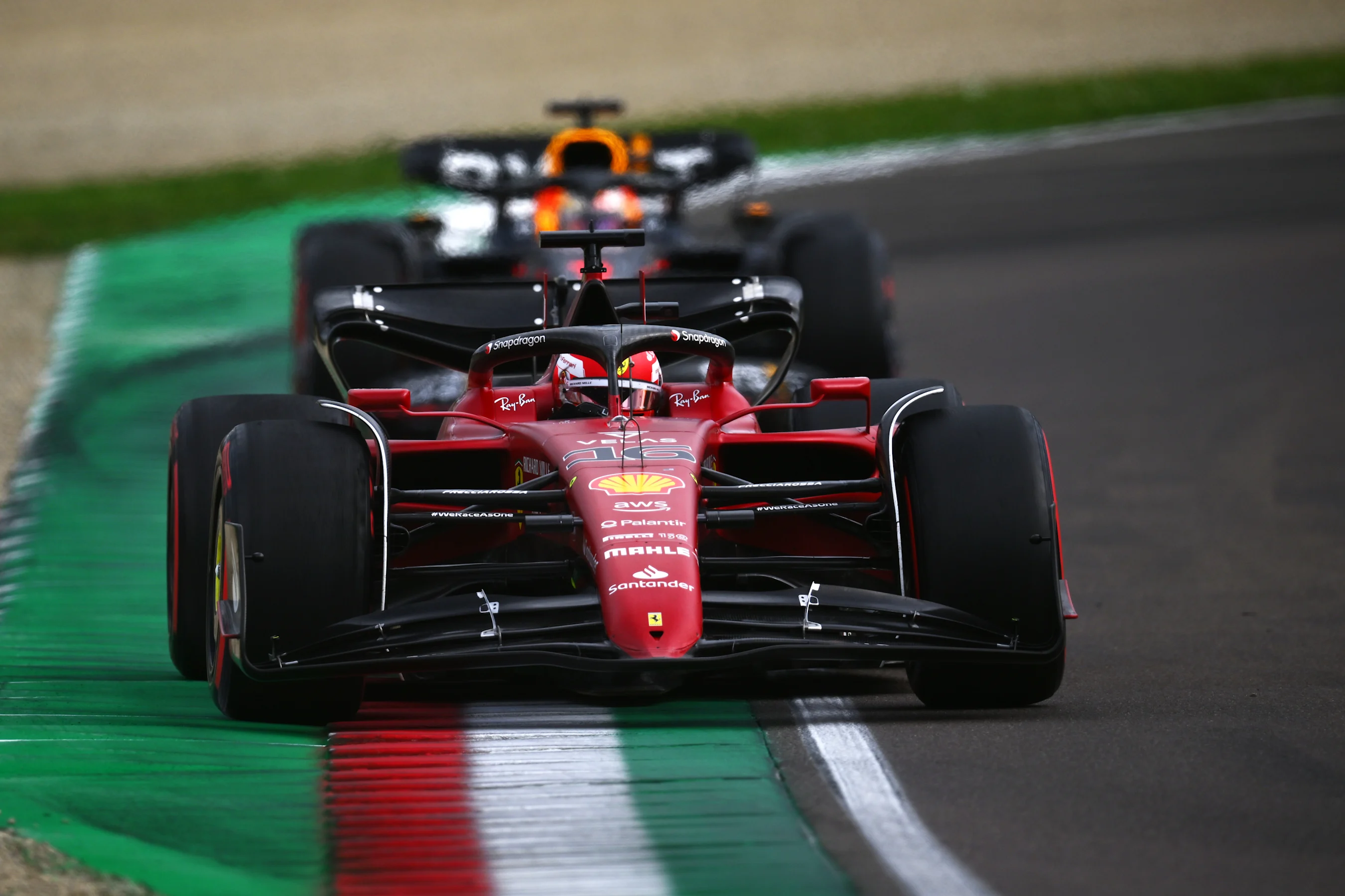 IMOLA, ITALY - APRIL 23: Charles Leclerc of Monaco driving (16) the Ferrari F1-75 leads Max