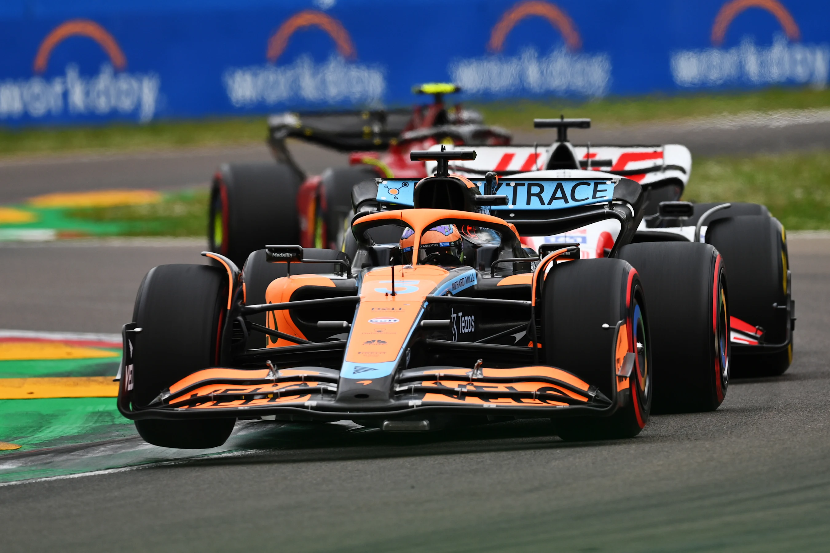 IMOLA, ITALY - APRIL 23: Daniel Ricciardo of Australia driving the (3) McLaren MCL36 Mercedes leads