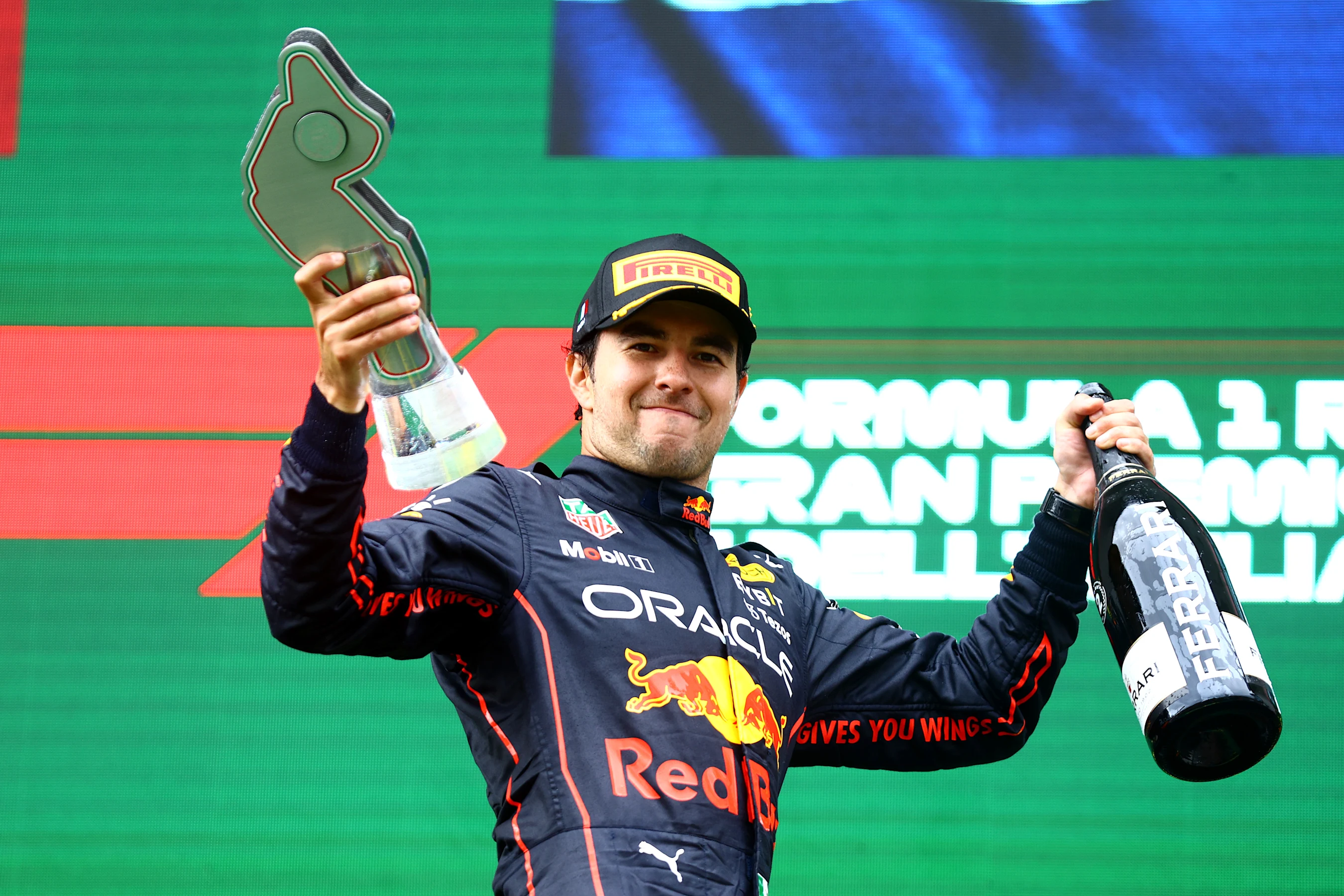 IMOLA, ITALY - APRIL 24: Second placed Sergio Perez of Mexico and Oracle Red Bull Racing celebrates