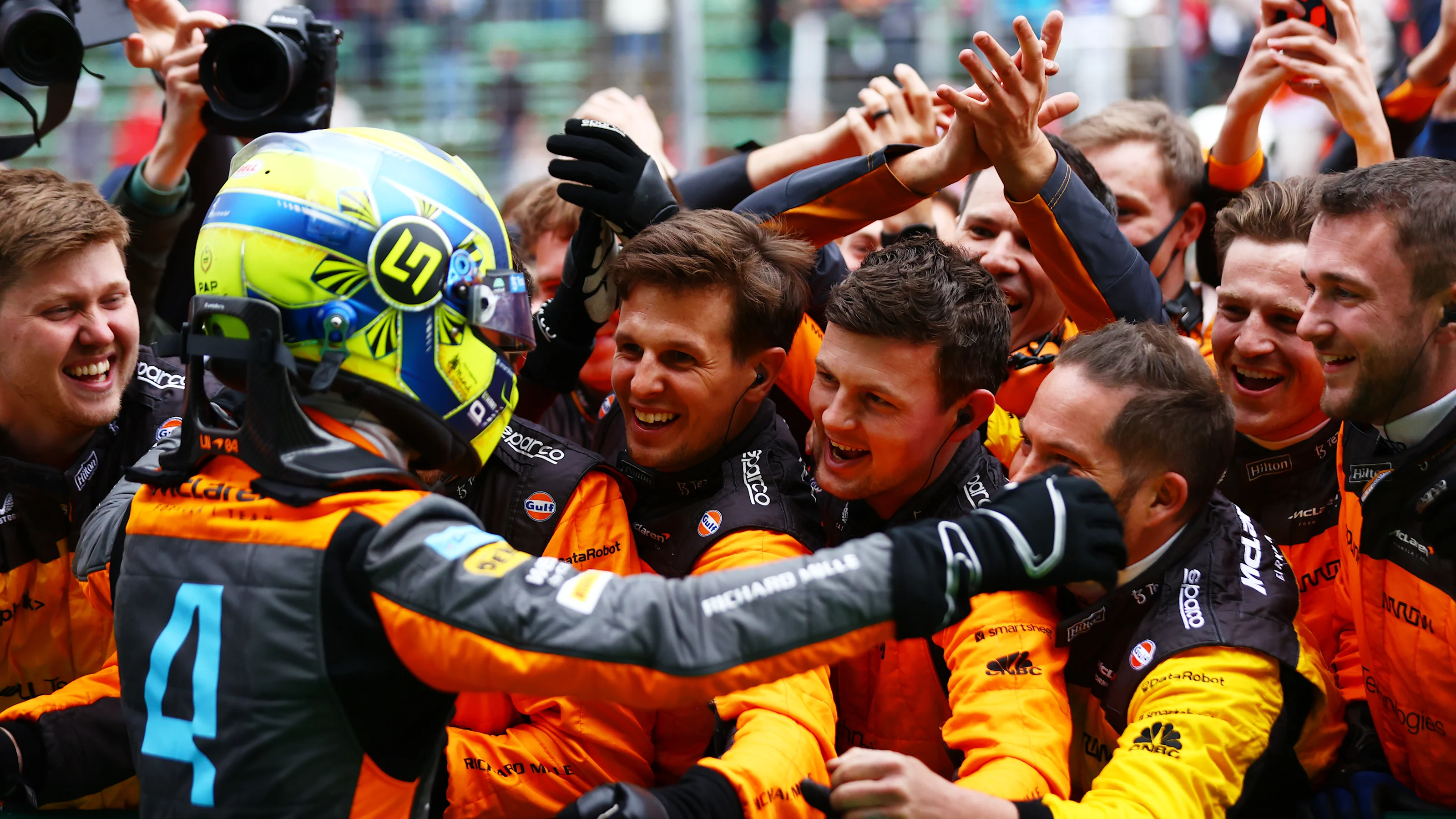 IMOLA, ITALY - APRIL 24: Third placed Lando Norris of Great Britain and McLaren celebrates in parc