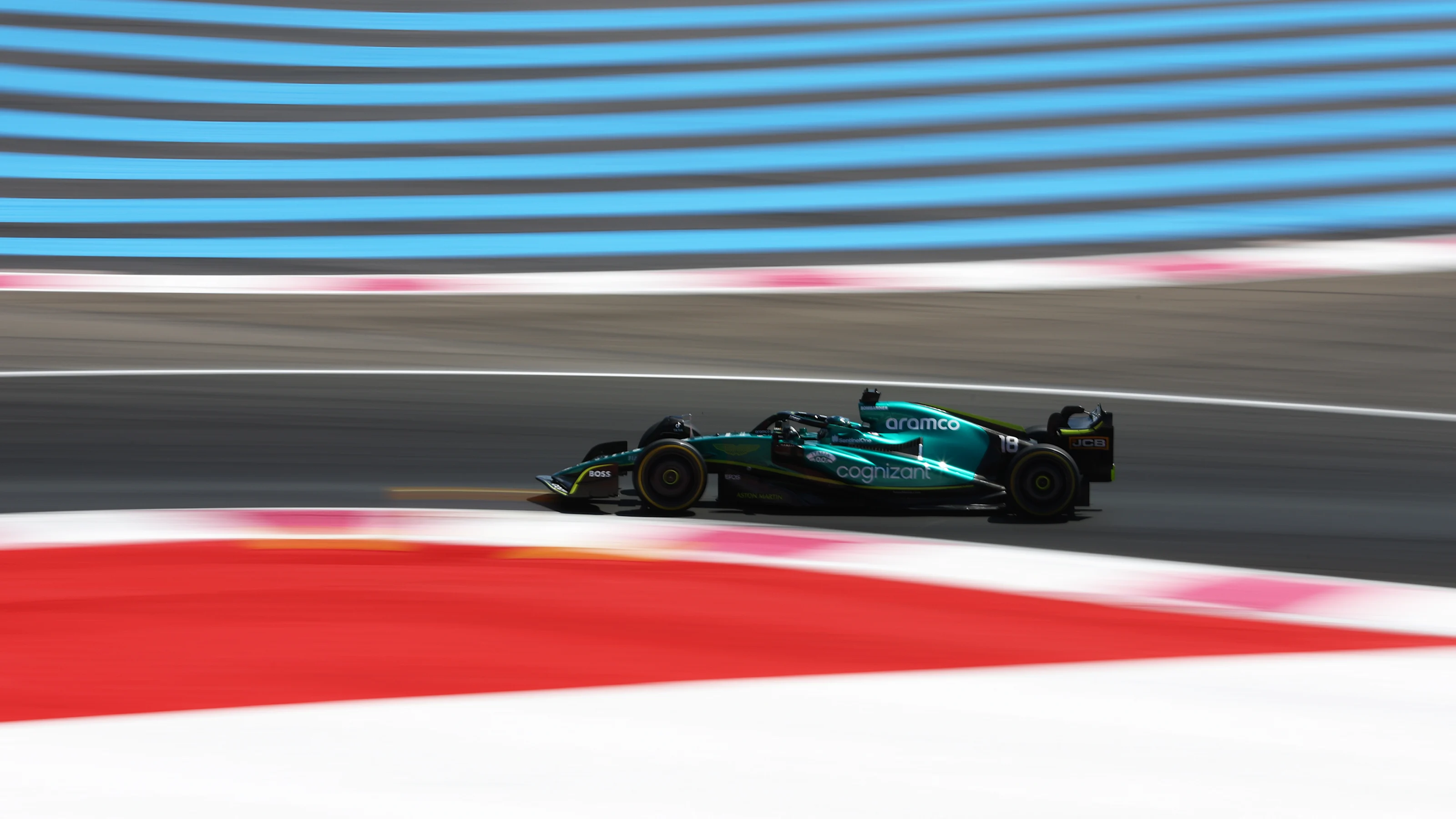 LE CASTELLET, FRANCE - JULY 22: Lance Stroll of Canada driving the (18) Aston Martin AMR22 Mercedes