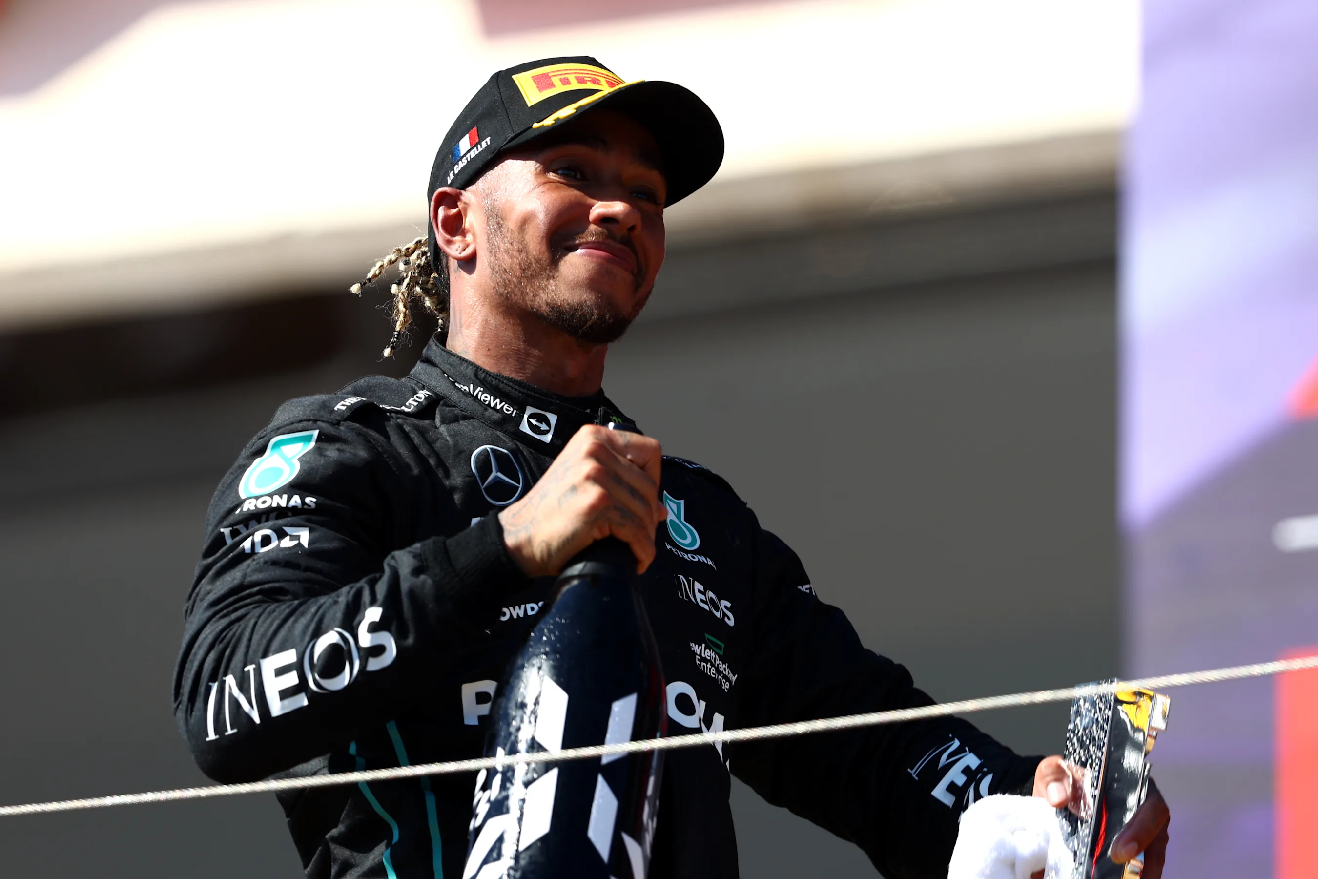 LE CASTELLET, FRANCE - JULY 24: Second placed Lewis Hamilton of Great Britain and Mercedes