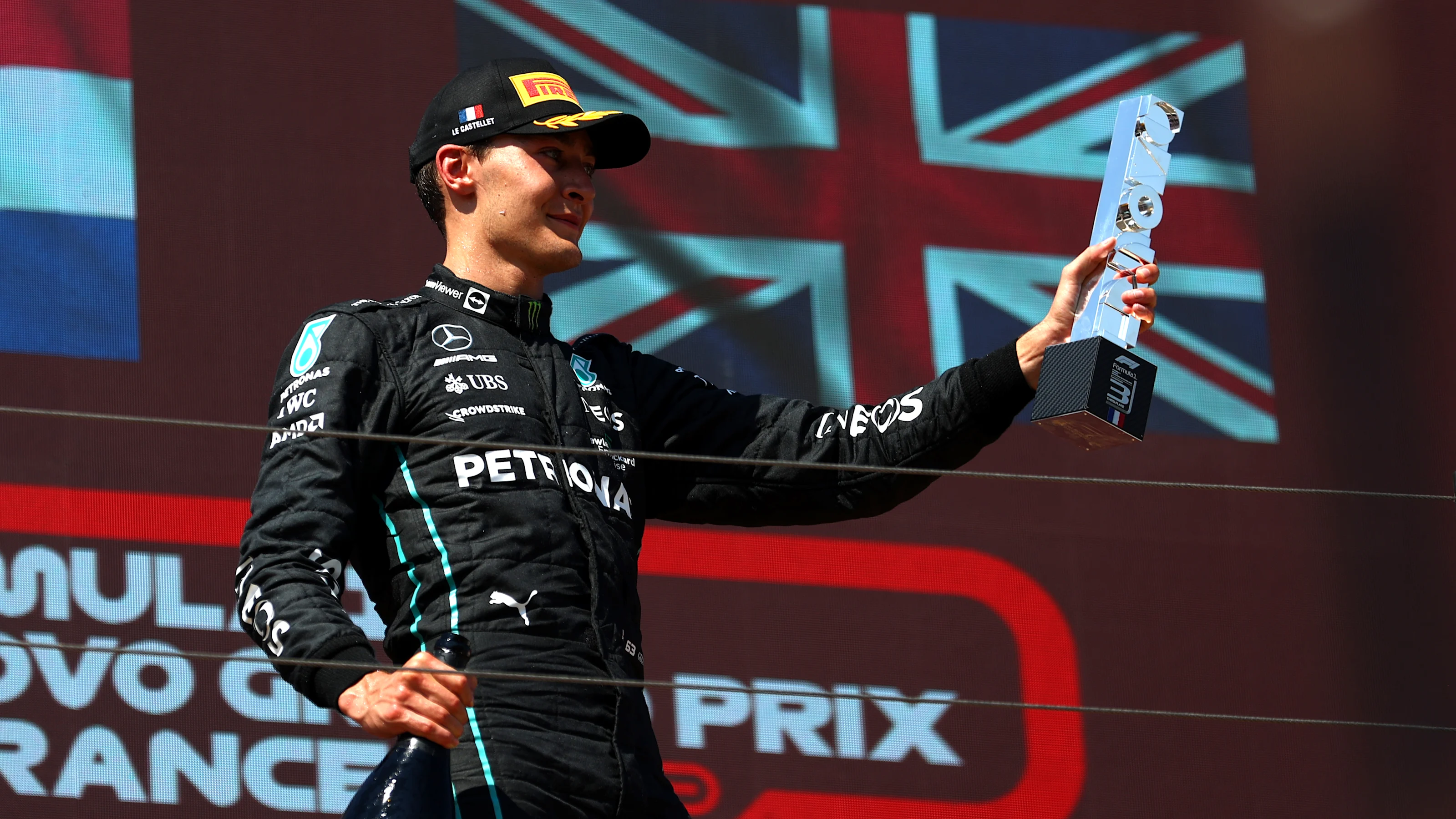 LE CASTELLET, FRANCE - JULY 24: Third placed George Russell of Great Britain and Mercedes