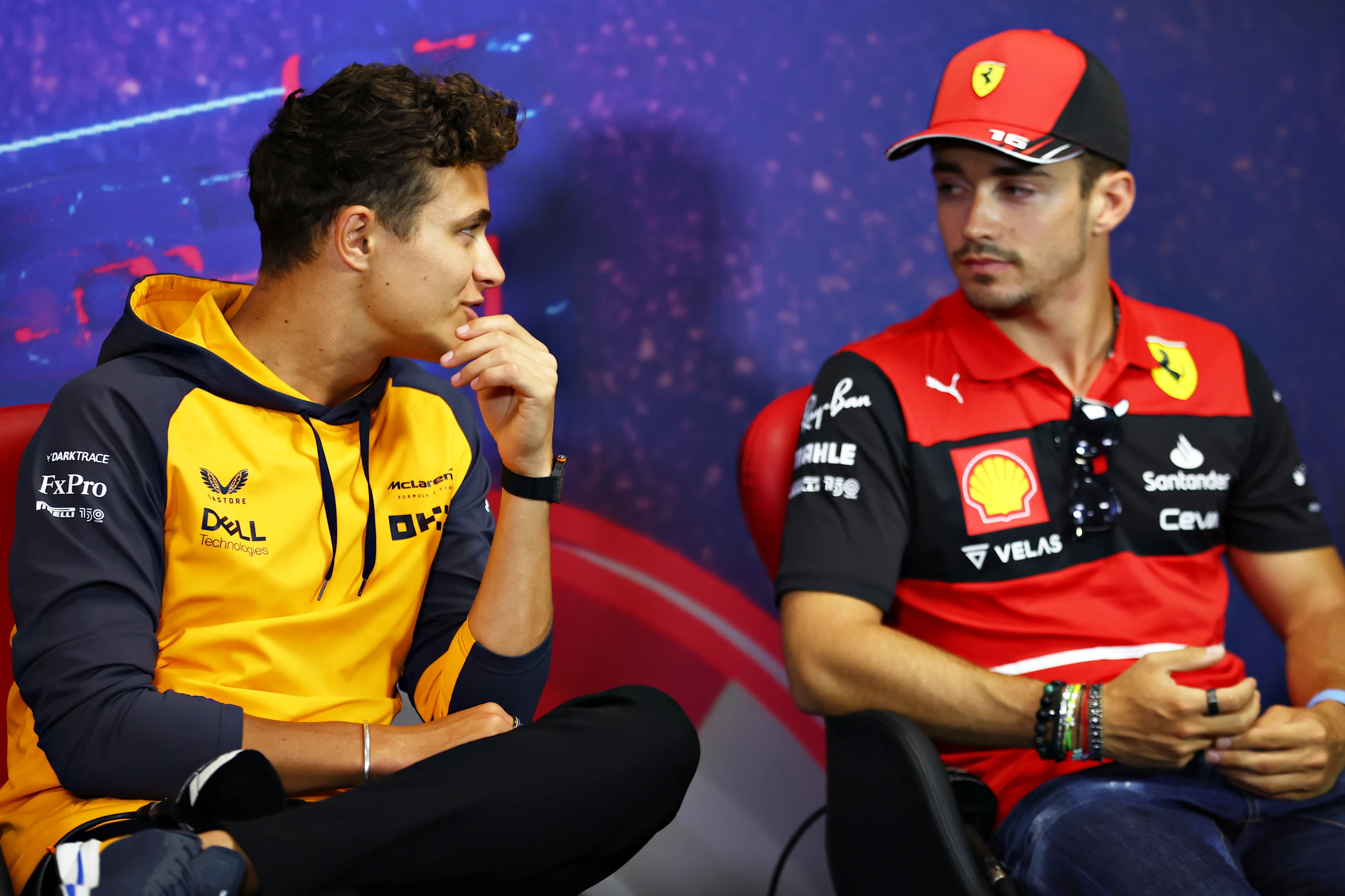 LE CASTELLET, FRANCE - JULY 21: Lando Norris of Great Britain and McLaren and Charles Leclerc of