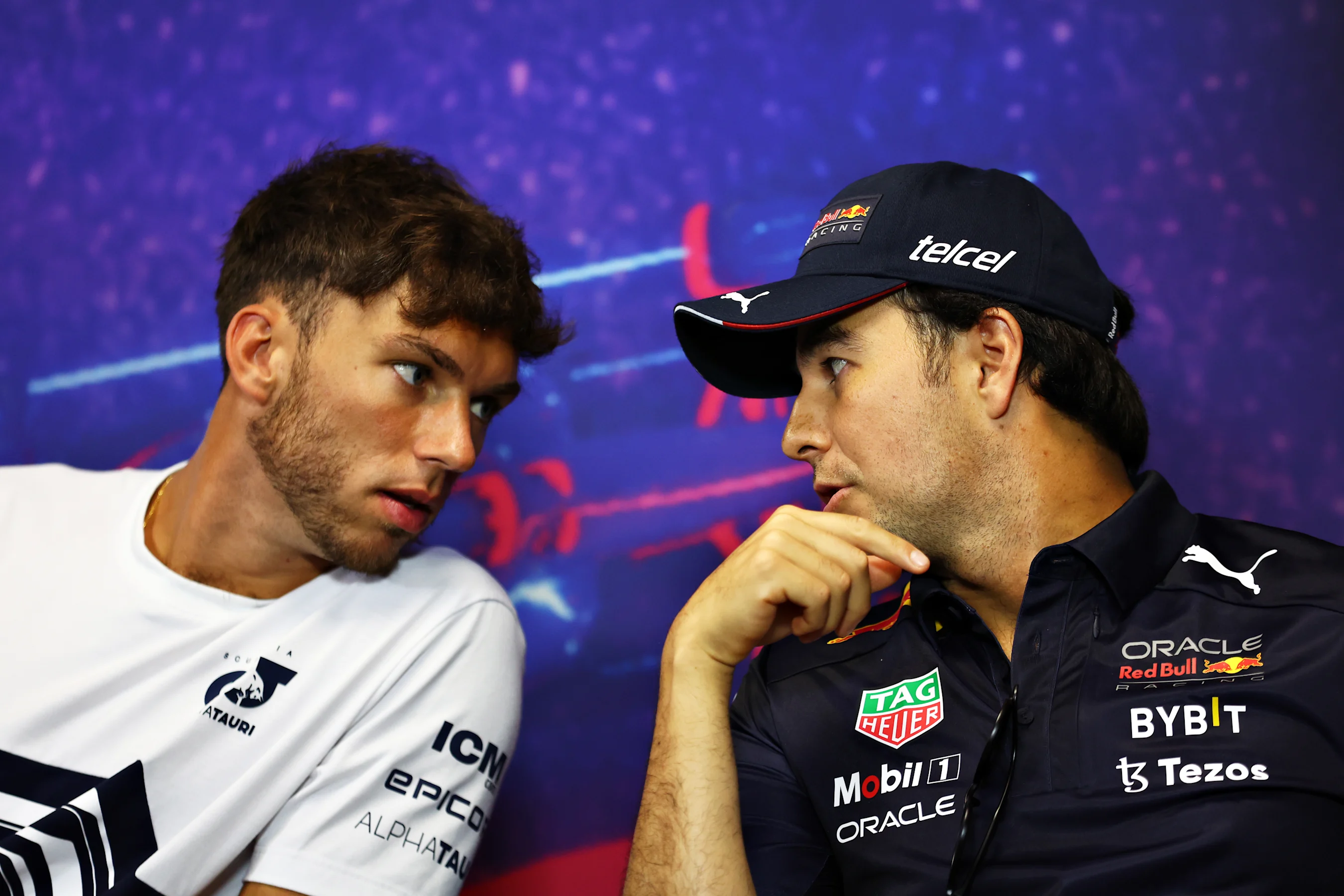 LE CASTELLET, FRANCE - JULY 21: Pierre Gasly of France and Scuderia AlphaTauri and Sergio Perez of