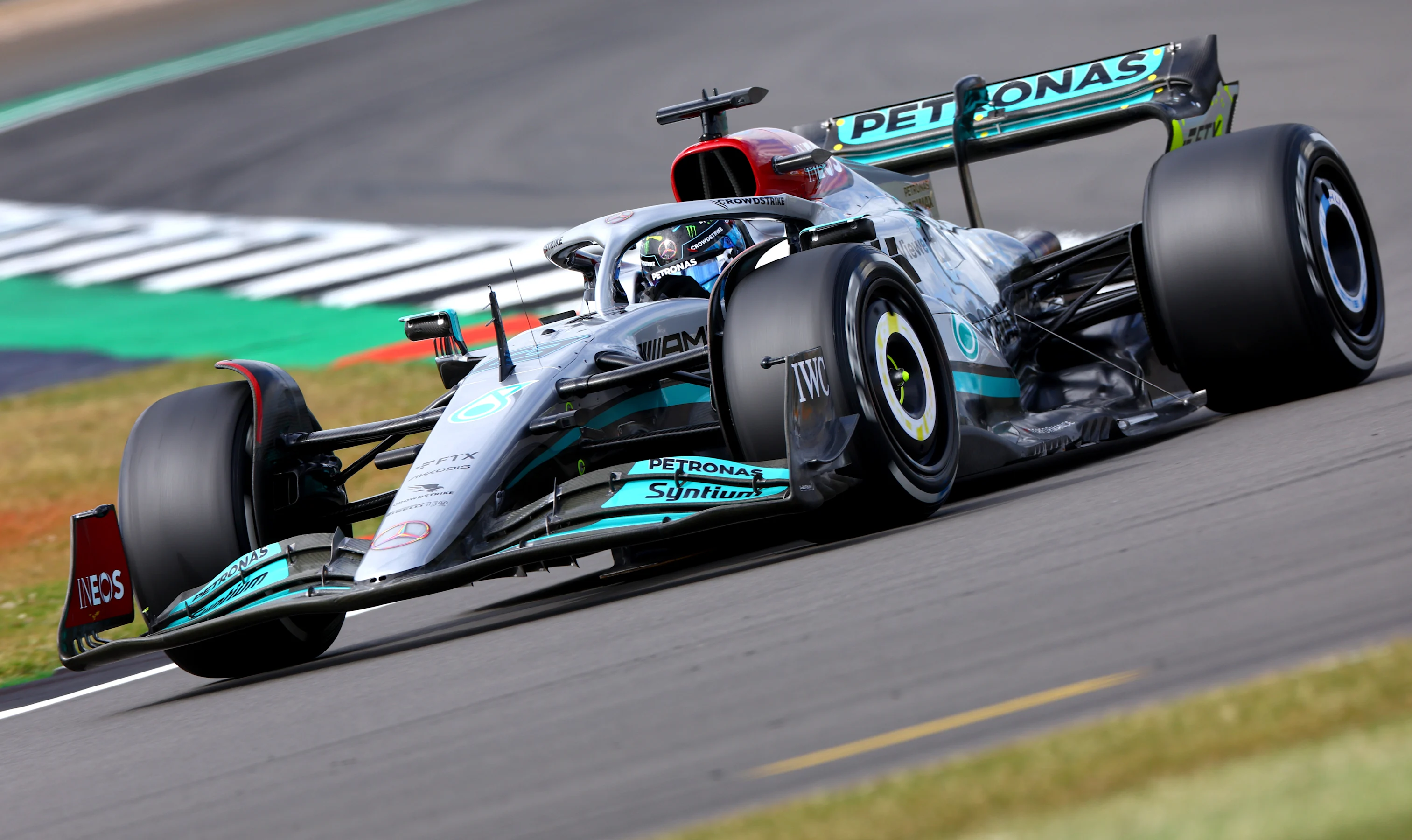 NORTHAMPTON, ENGLAND - JULY 01: George Russell of Great Britain driving the (63) Mercedes AMG