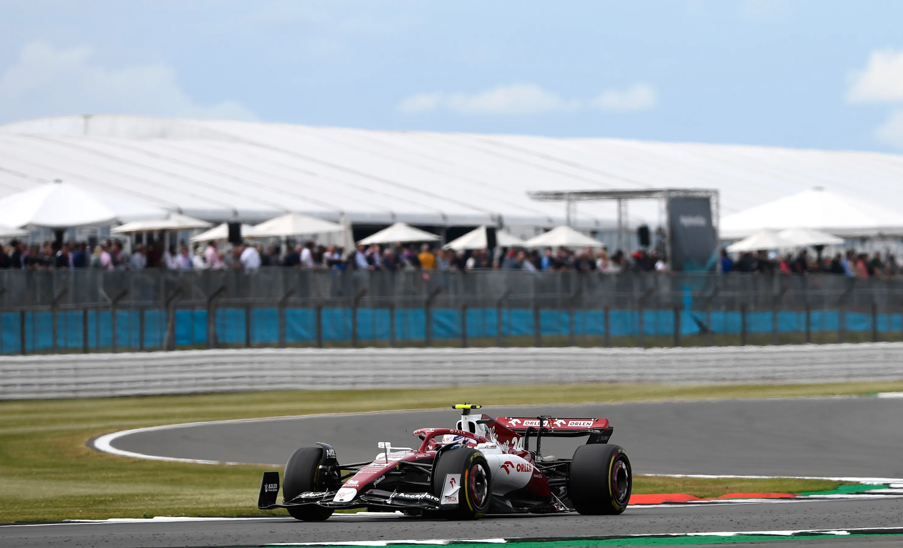 NORTHAMPTON, ENGLAND - JULY 01: Zhou Guanyu of China driving the (24) Alfa Romeo F1 C42 Ferrari on