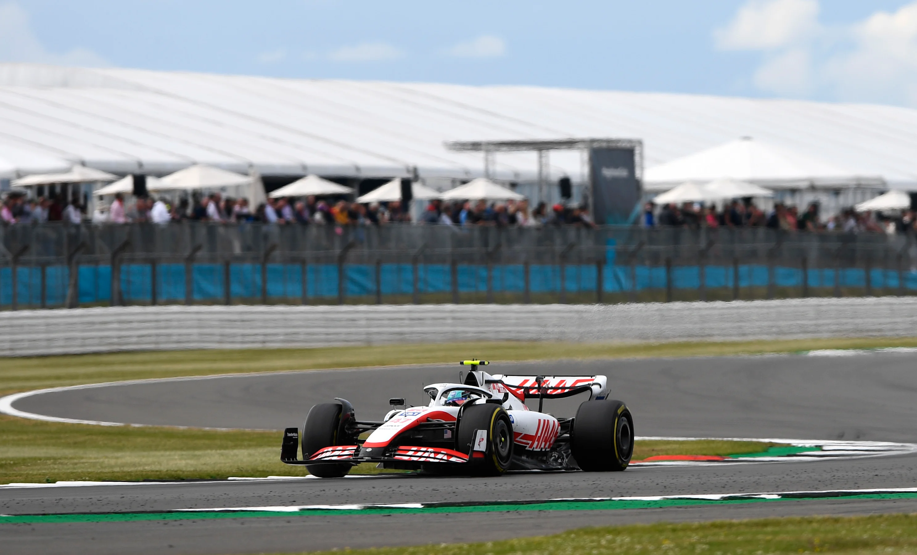 NORTHAMPTON, ENGLAND - JULY 01: Mick Schumacher of Germany driving the (47) Haas F1 VF-22 Ferrari