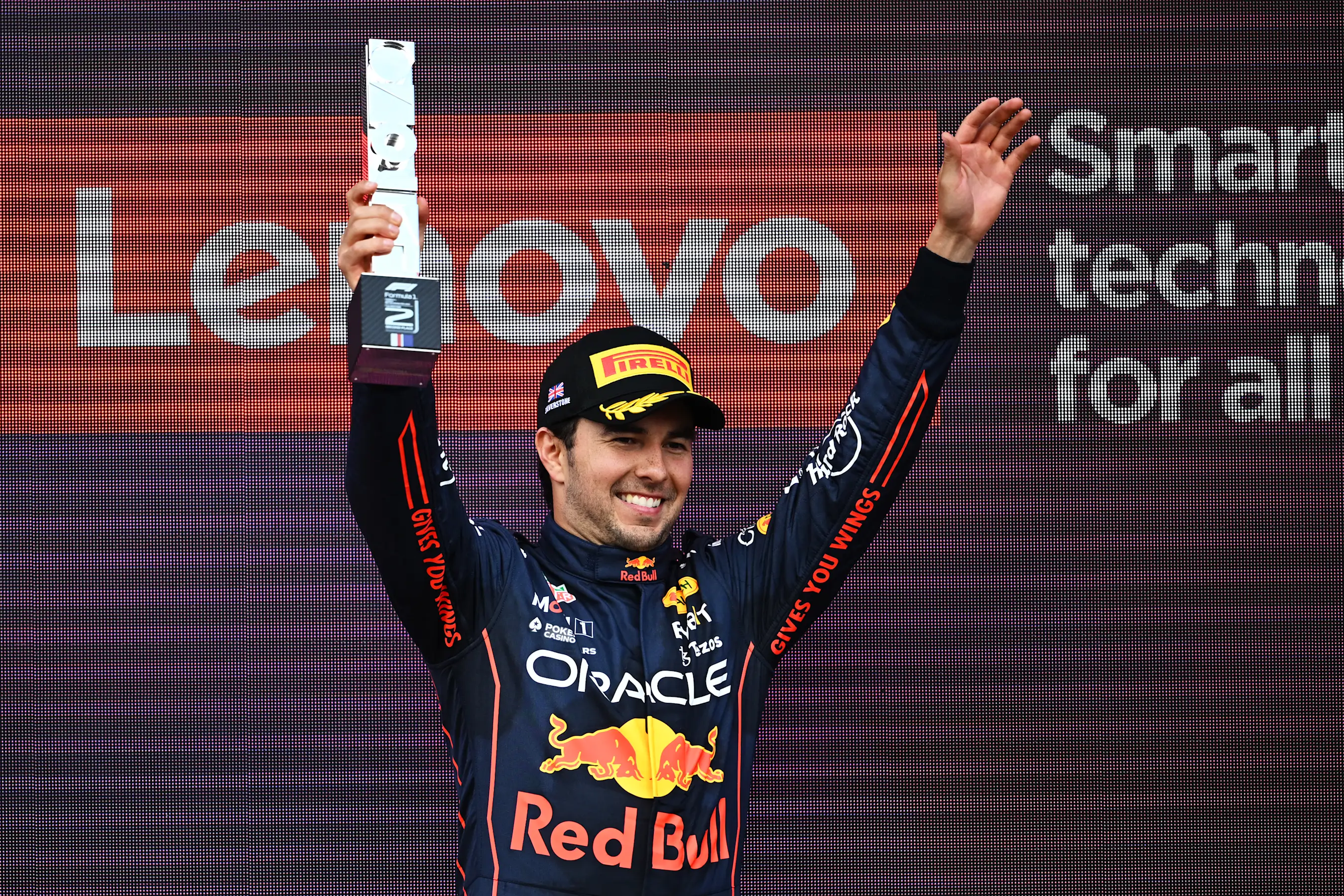 NORTHAMPTON, ENGLAND - JULY 03: Second placed Sergio Perez of Mexico and Oracle Red Bull Racing