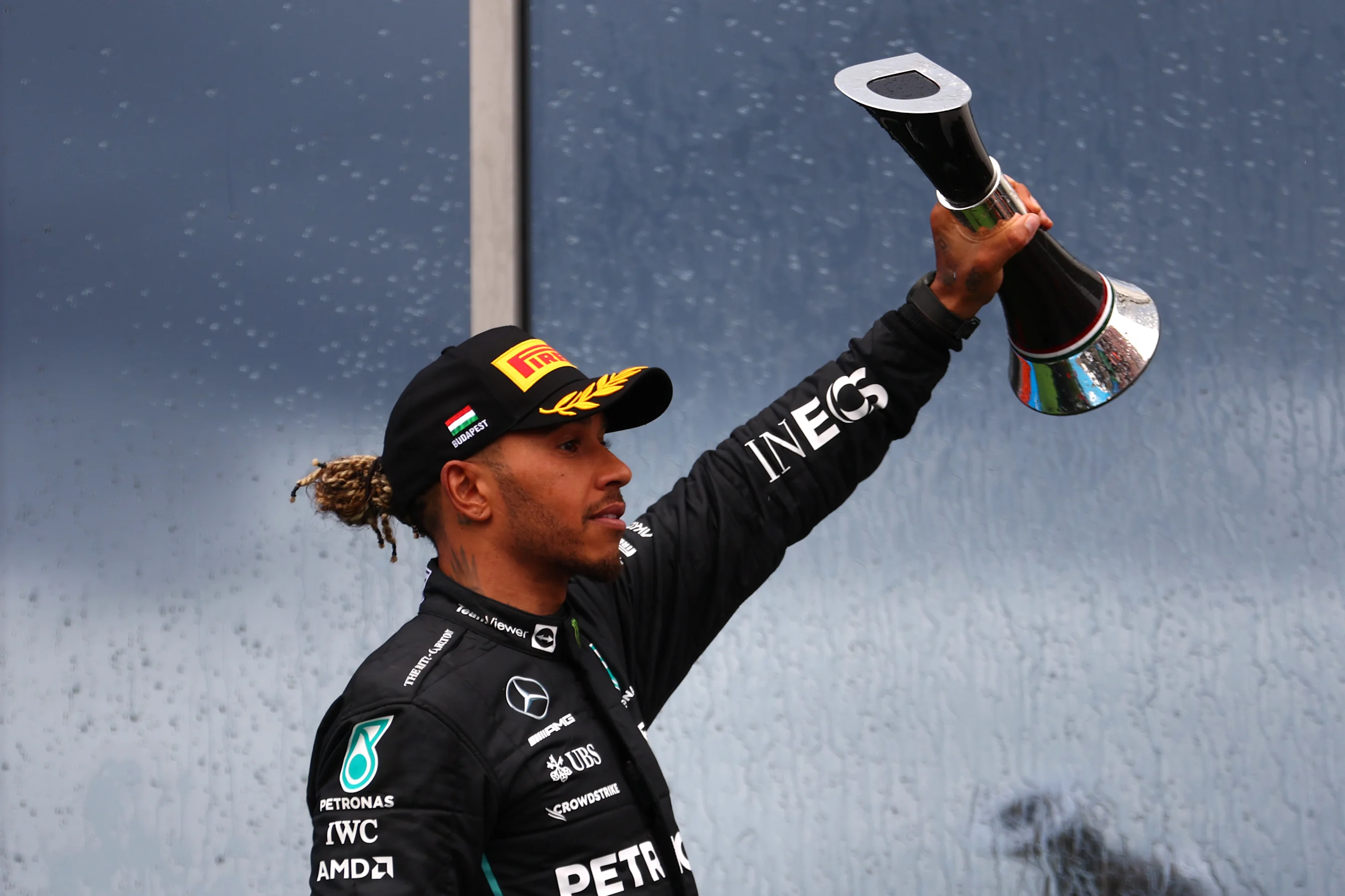 BUDAPEST, HUNGARY - JULY 31: Second placed Lewis Hamilton of Great Britain and Mercedes celebrates