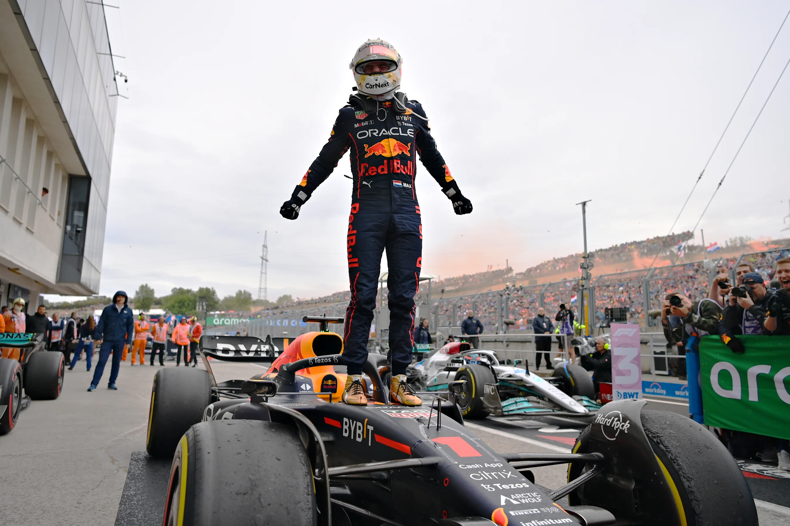 BUDAPEST, HUNGARY - JULY 31: Race winner Max Verstappen of the Netherlands and Oracle Red Bull