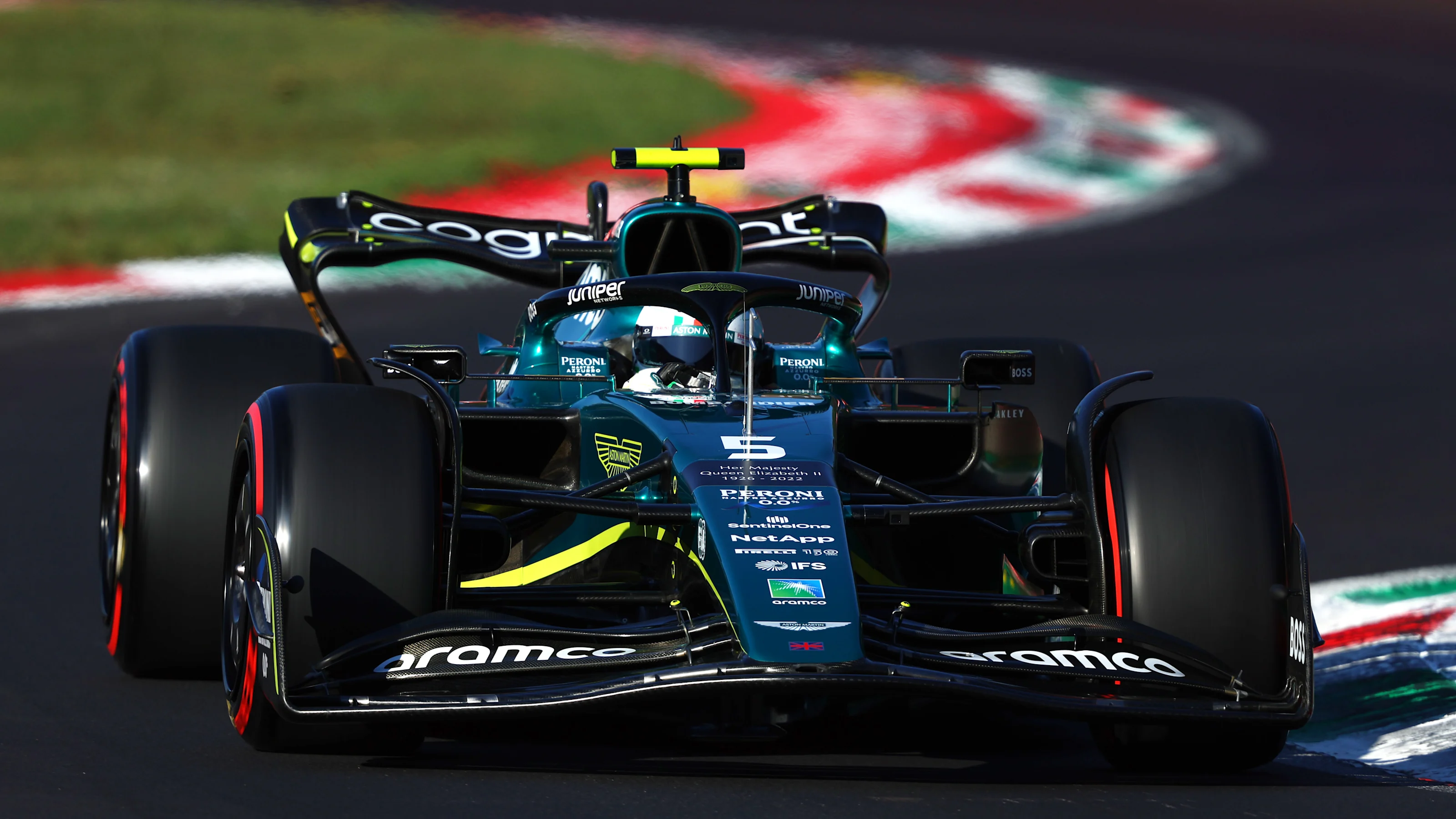 MONZA, ITALY - SEPTEMBER 09: Sebastian Vettel of Germany driving the (5) Aston Martin AMR22