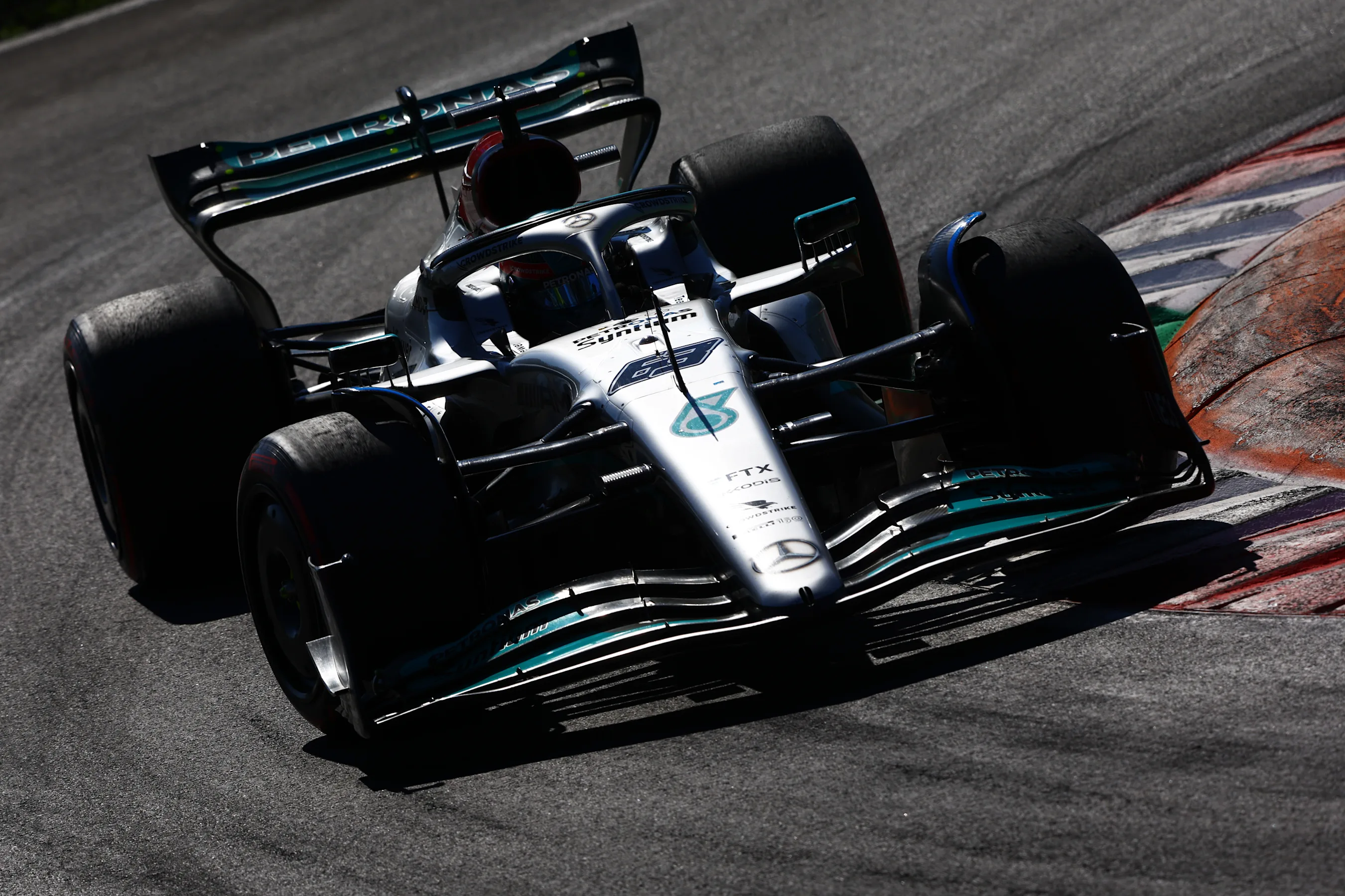 MONZA, ITALY - SEPTEMBER 11: George Russell of Great Britain driving the (63) Mercedes AMG Petronas