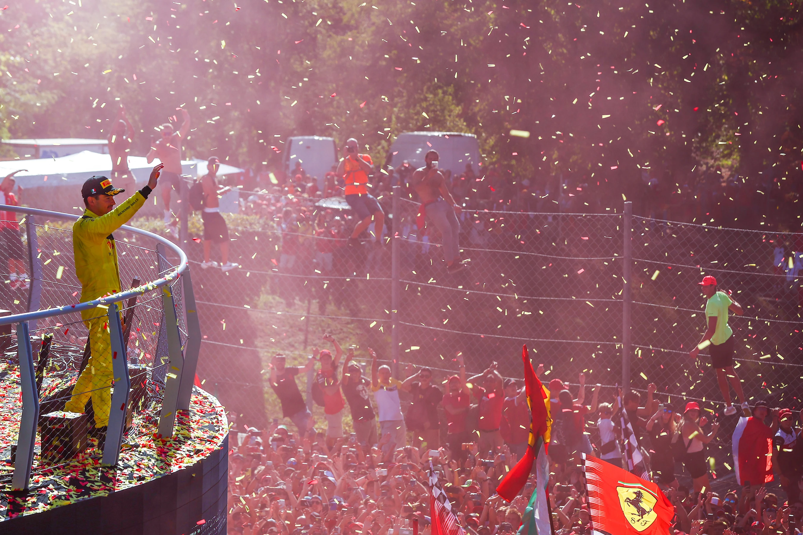 MONZA, ITALY - SEPTEMBER 11: Second placed Charles Leclerc of Monaco and Ferrari celebrates on the