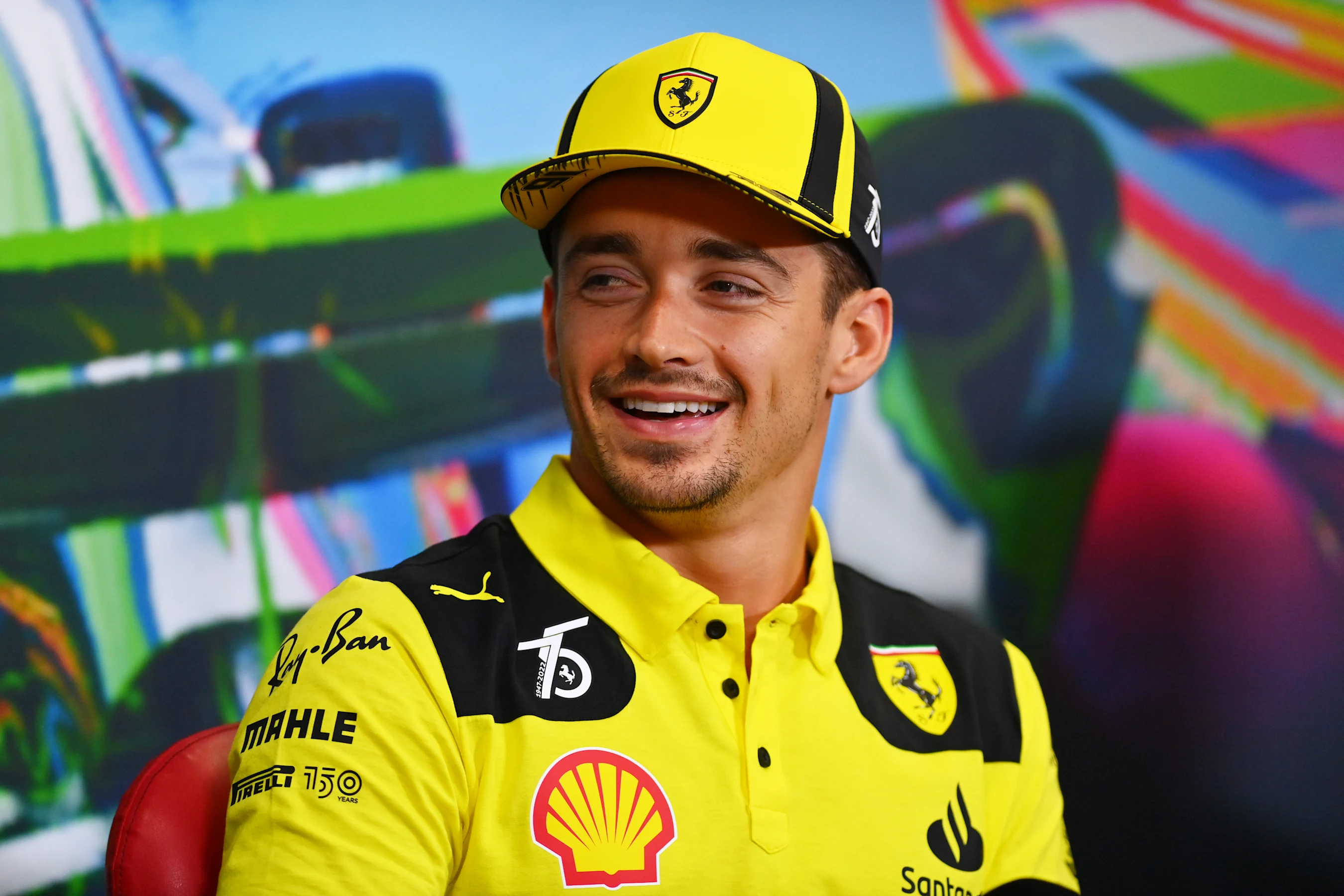 MONZA, ITALY - SEPTEMBER 08: Charles Leclerc of Monaco and Ferrari talks in the drivers press