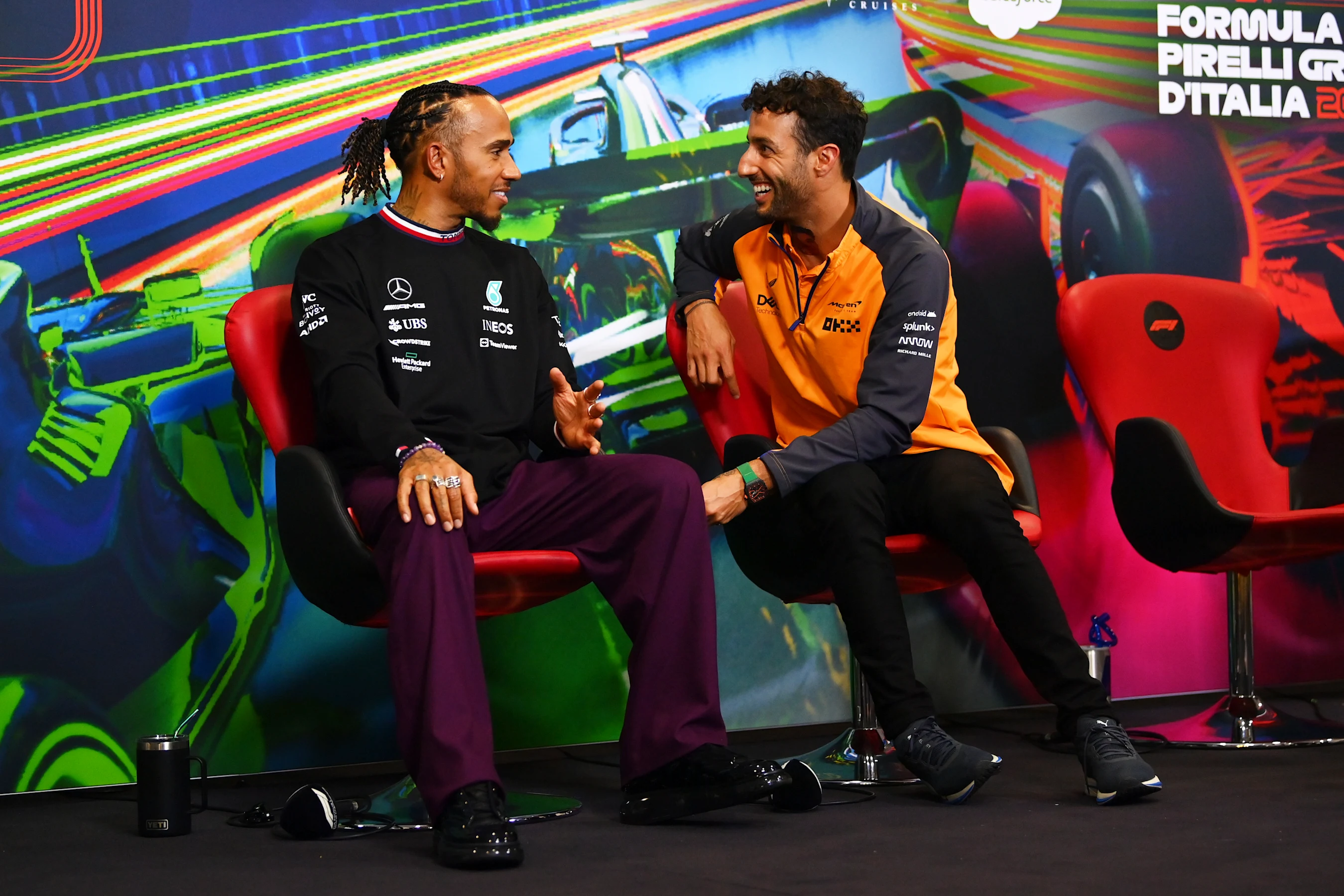 MONZA, ITALY - SEPTEMBER 08: Lewis Hamilton of Great Britain and Mercedes and Daniel Ricciardo of