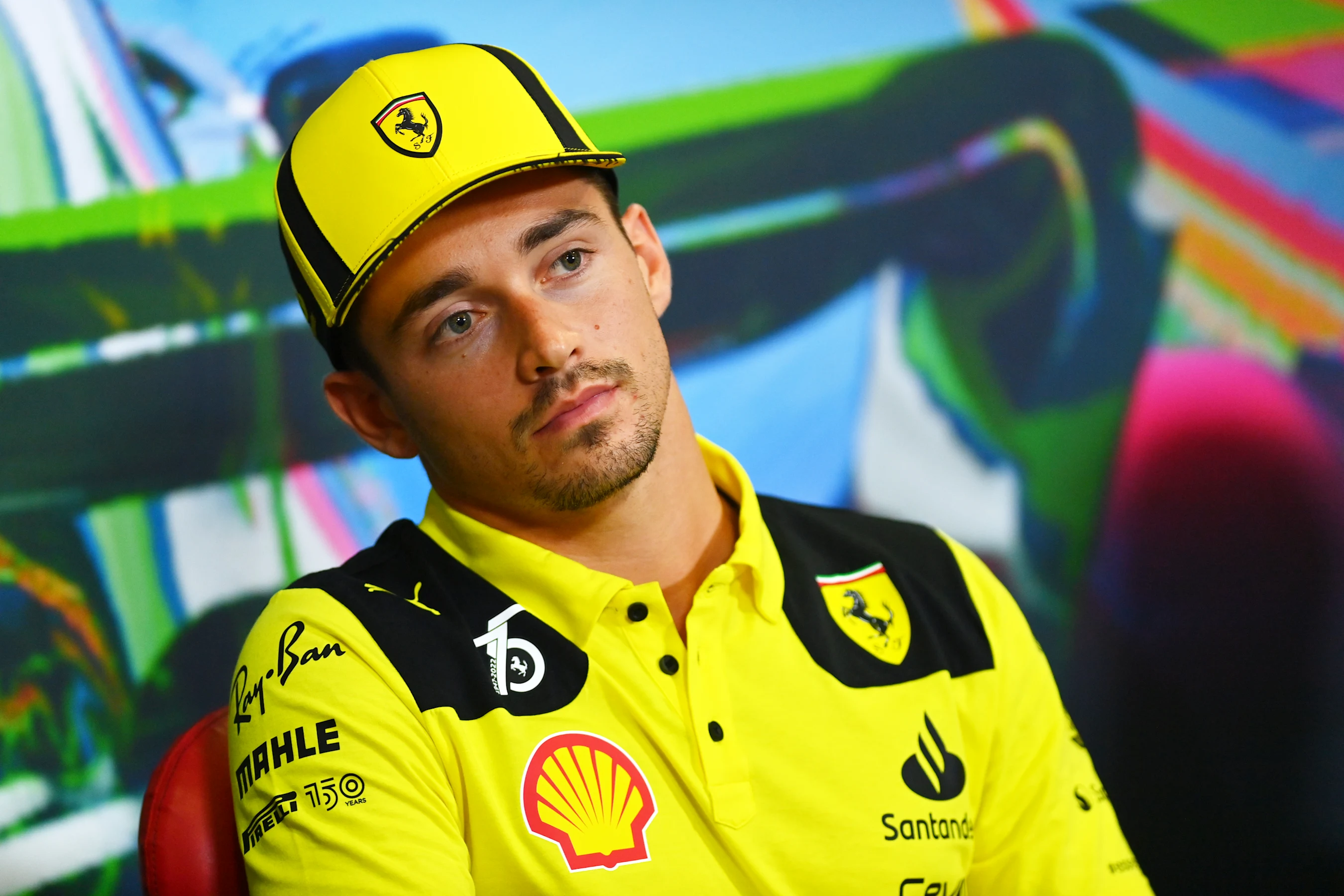 MONZA, ITALY - SEPTEMBER 08: Charles Leclerc of Monaco and Ferrari talks in the drivers press