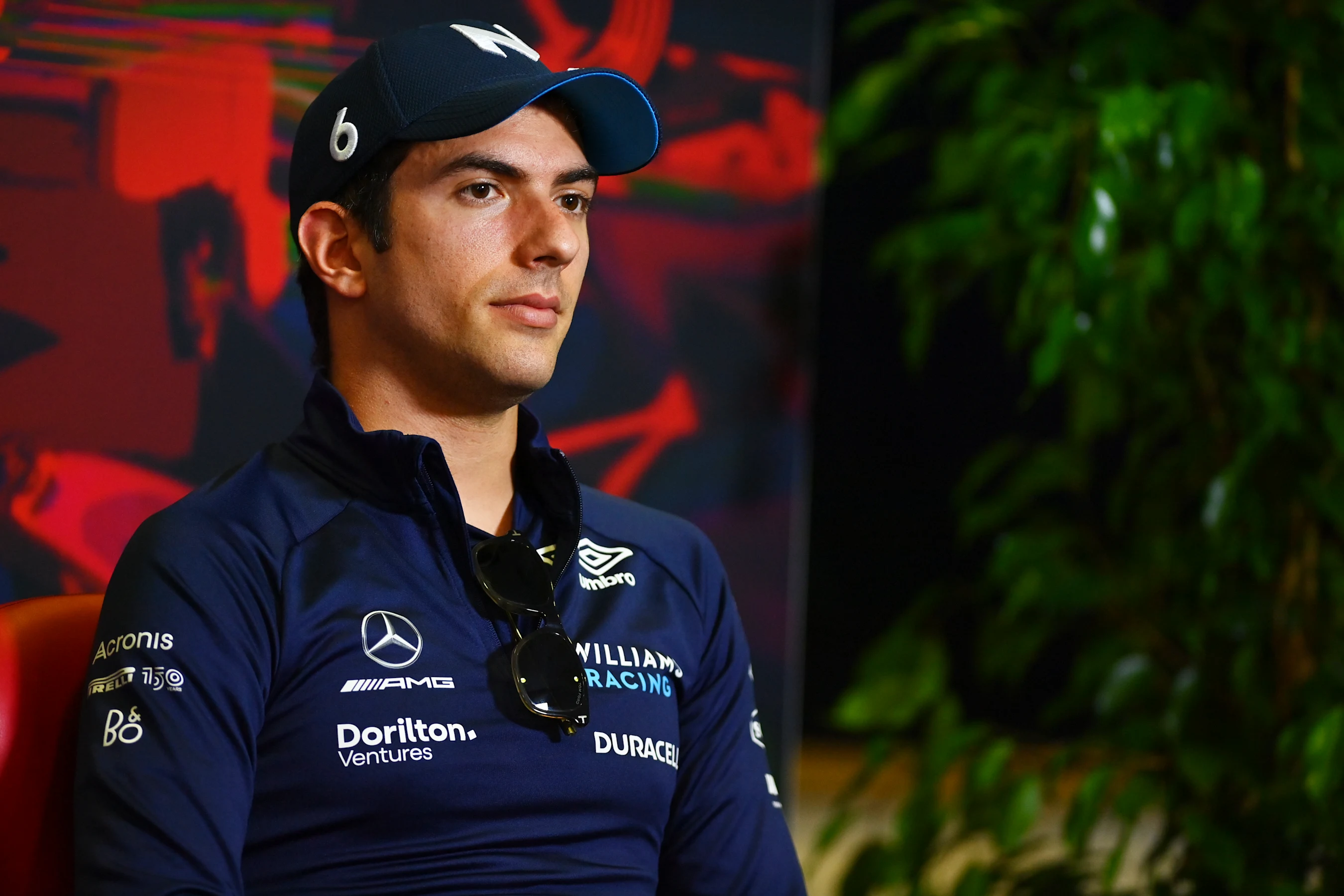 MONZA, ITALY - SEPTEMBER 08: Nicholas Latifi of Canada and Williams talks in the drivers press