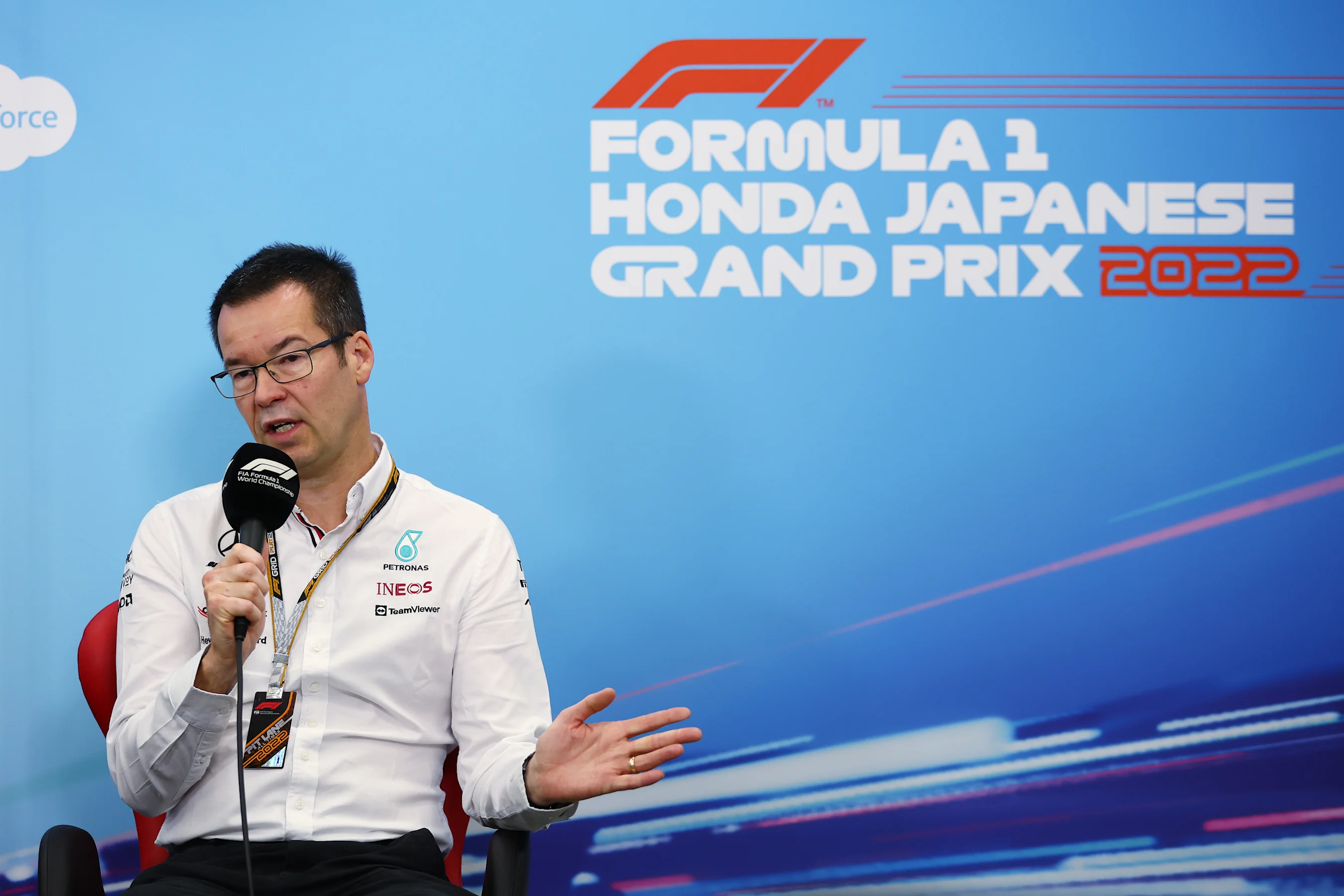 SUZUKA, JAPAN - OCTOBER 08: Mike Elliott, Technical Director at Mercedes GP attends the Teams Press
