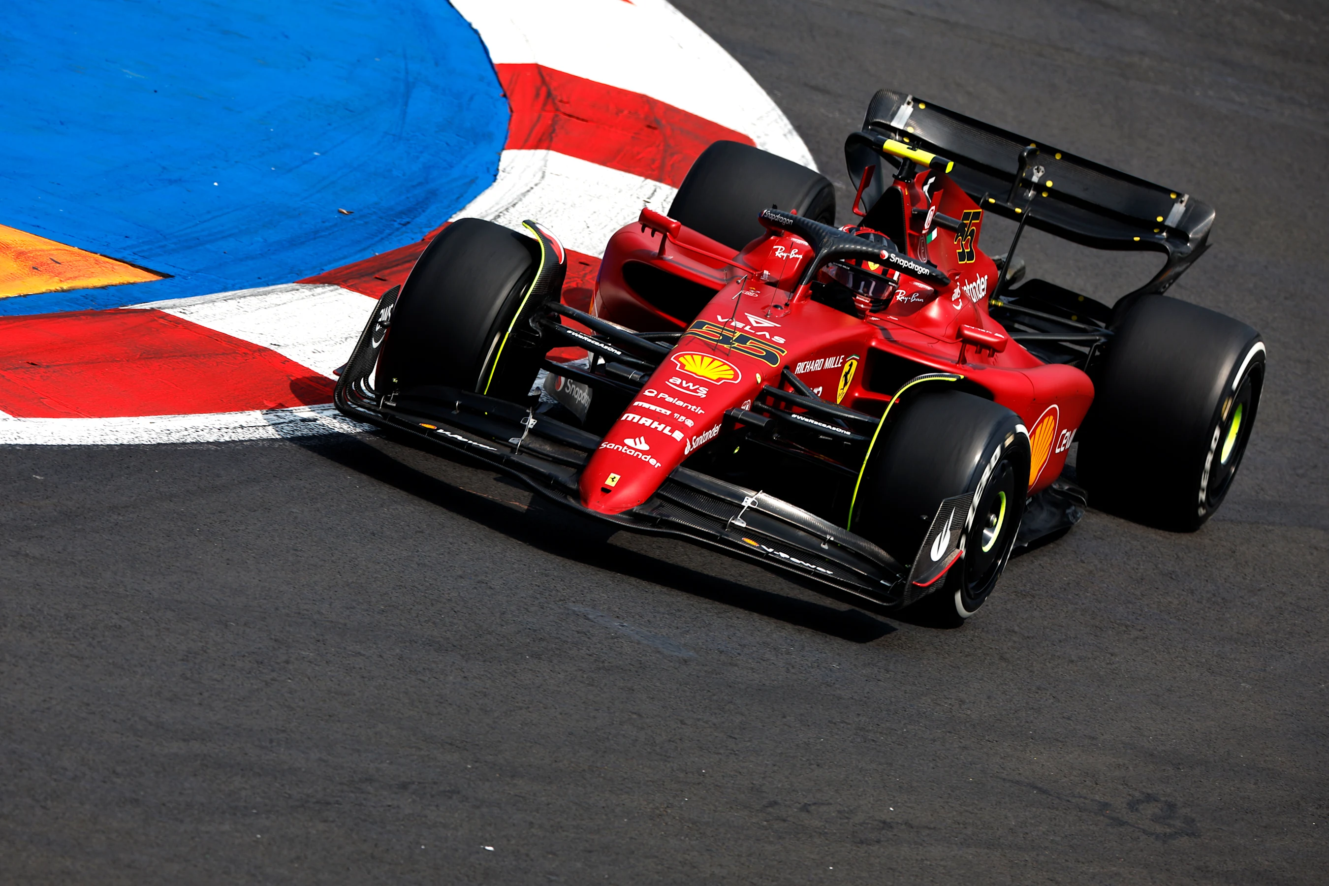 MEXICO CITY, MEXICO - OCTOBER 28: Carlos Sainz of Spain driving (55) the Ferrari F1-75 on track