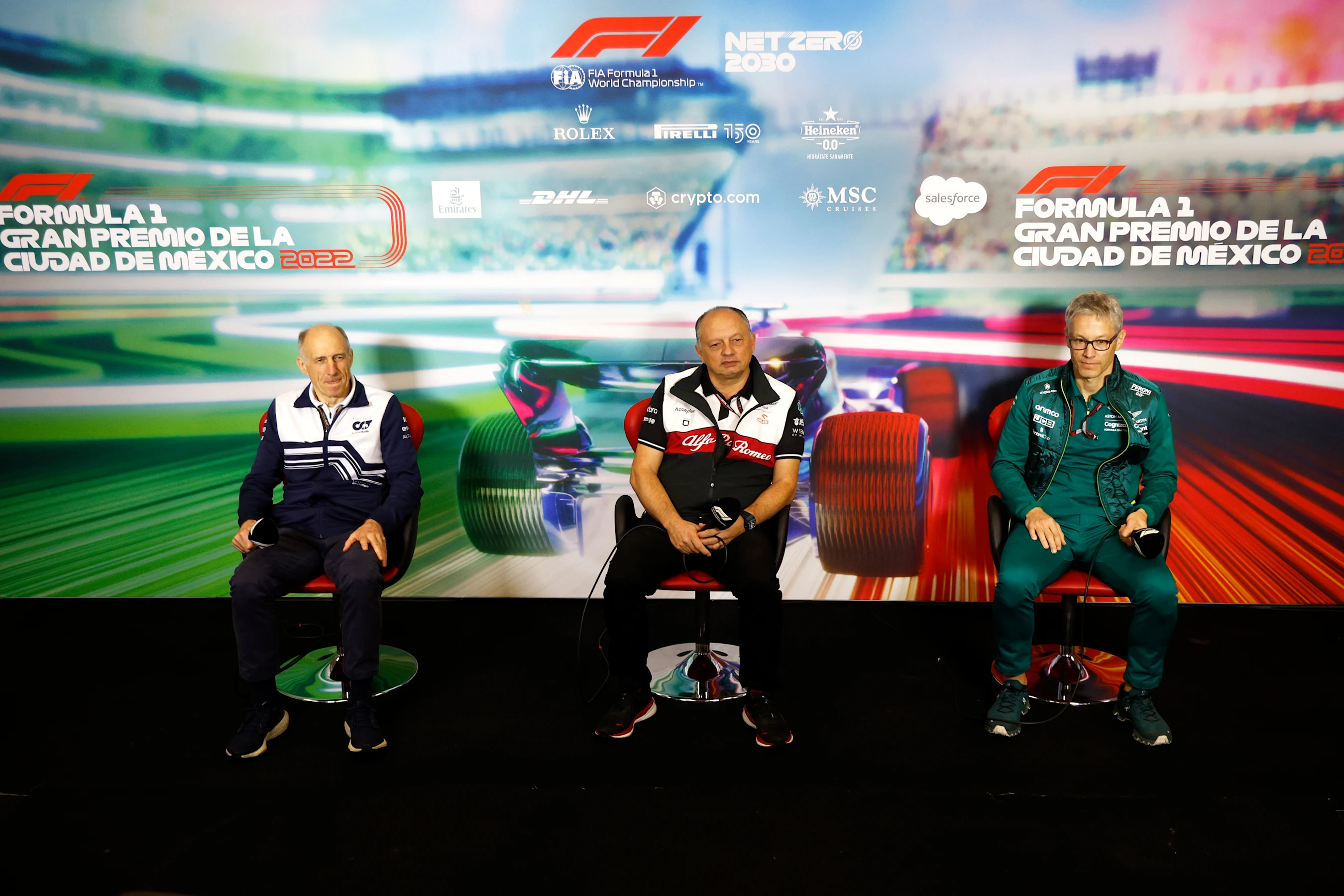 MEXICO CITY, MEXICO - OCTOBER 29: (L-R) Scuderia AlphaTauri Team Principal Franz Tost, Alfa Romeo