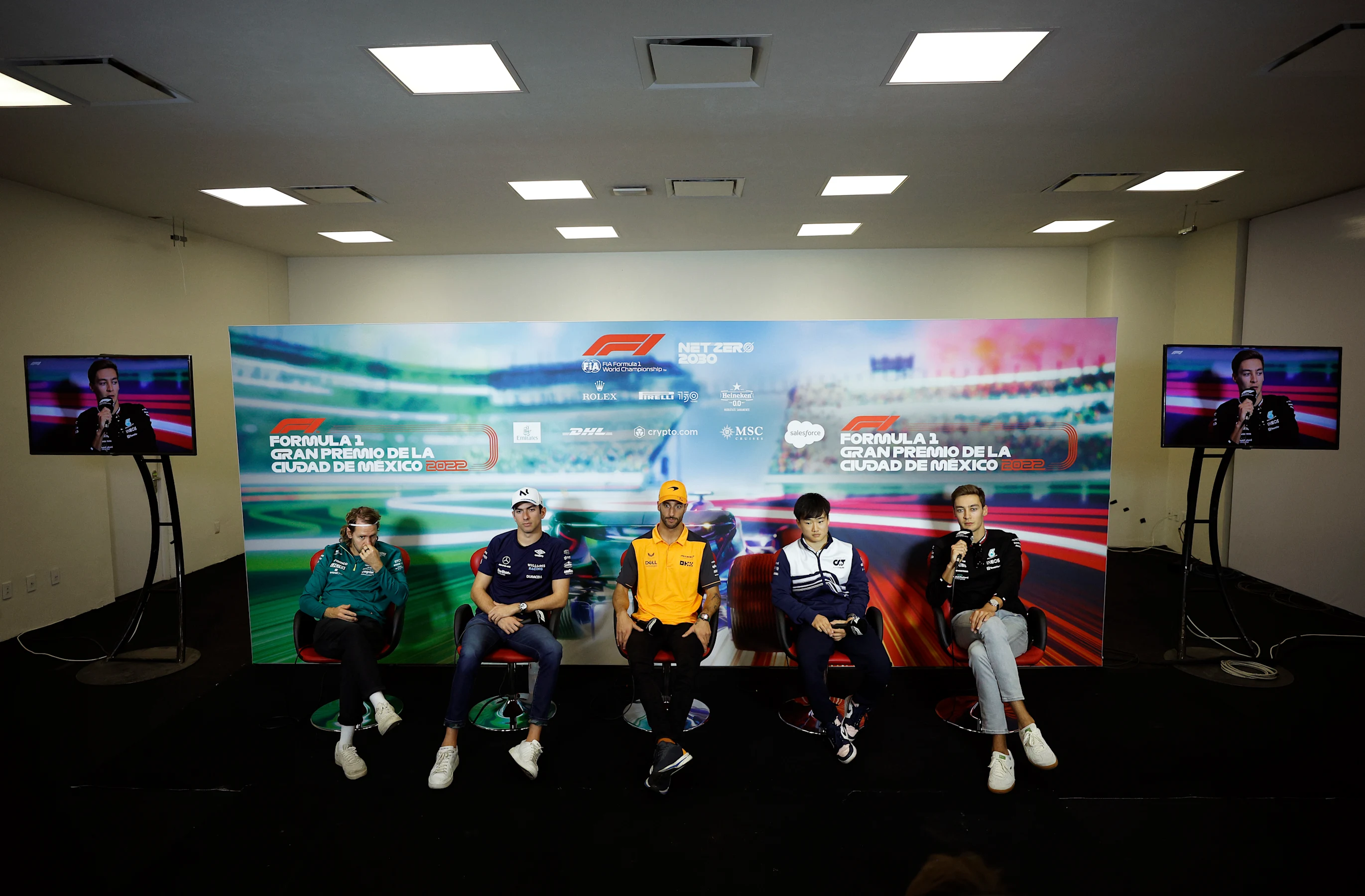 MEXICO CITY, MEXICO - OCTOBER 27: (L-R) Sebastian Vettel of Germany and Aston Martin F1 Team,